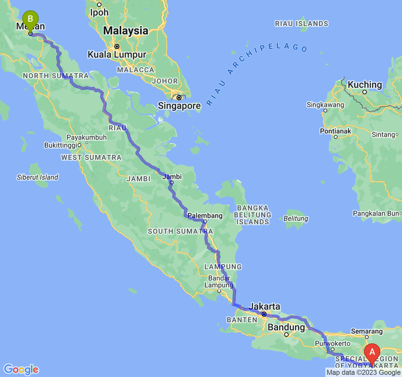 rute perjalanan Kab. Gunung Kidul-Kota Medan