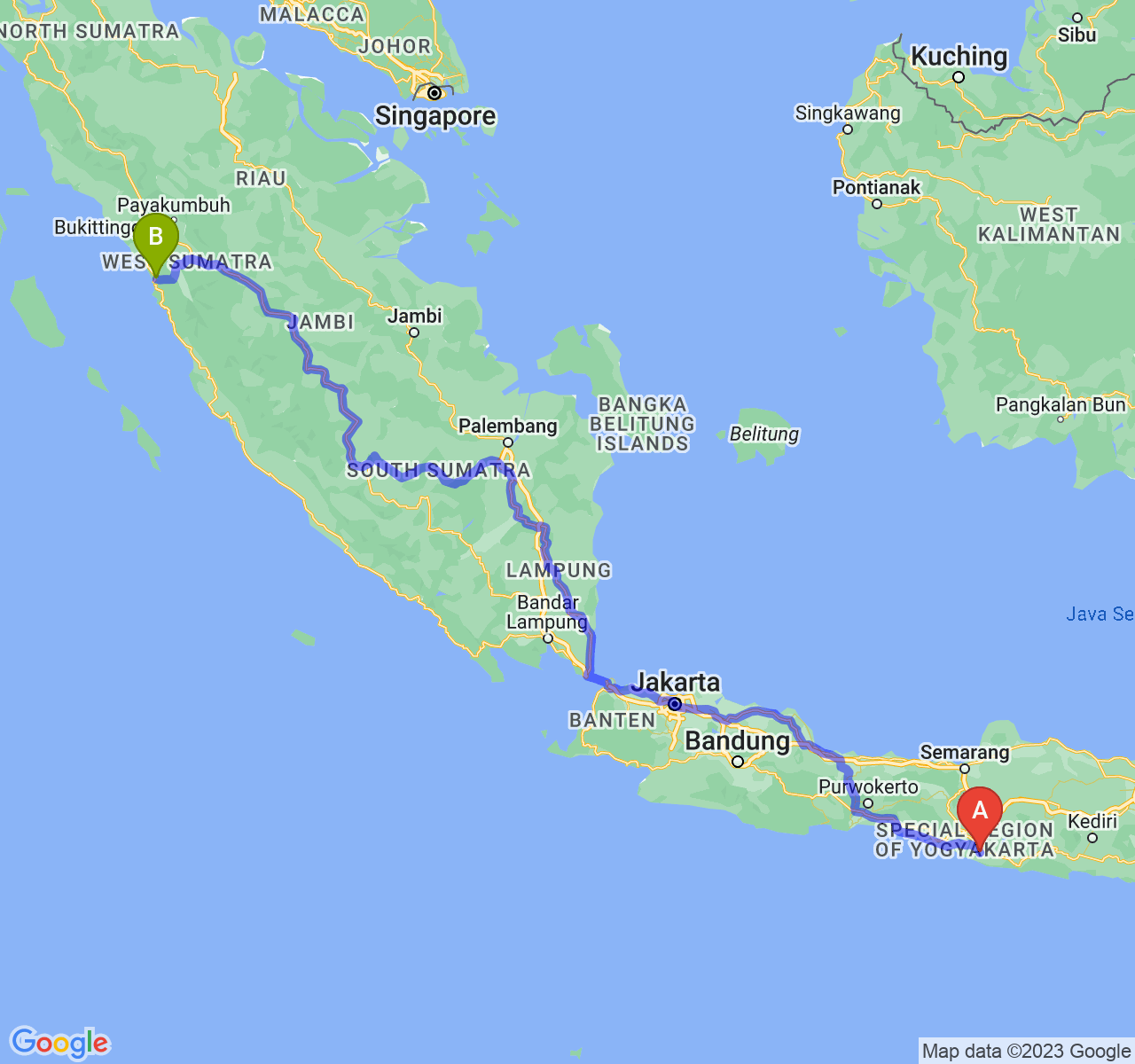 rute perjalanan Kab. Gunung Kidul-Kota Padang