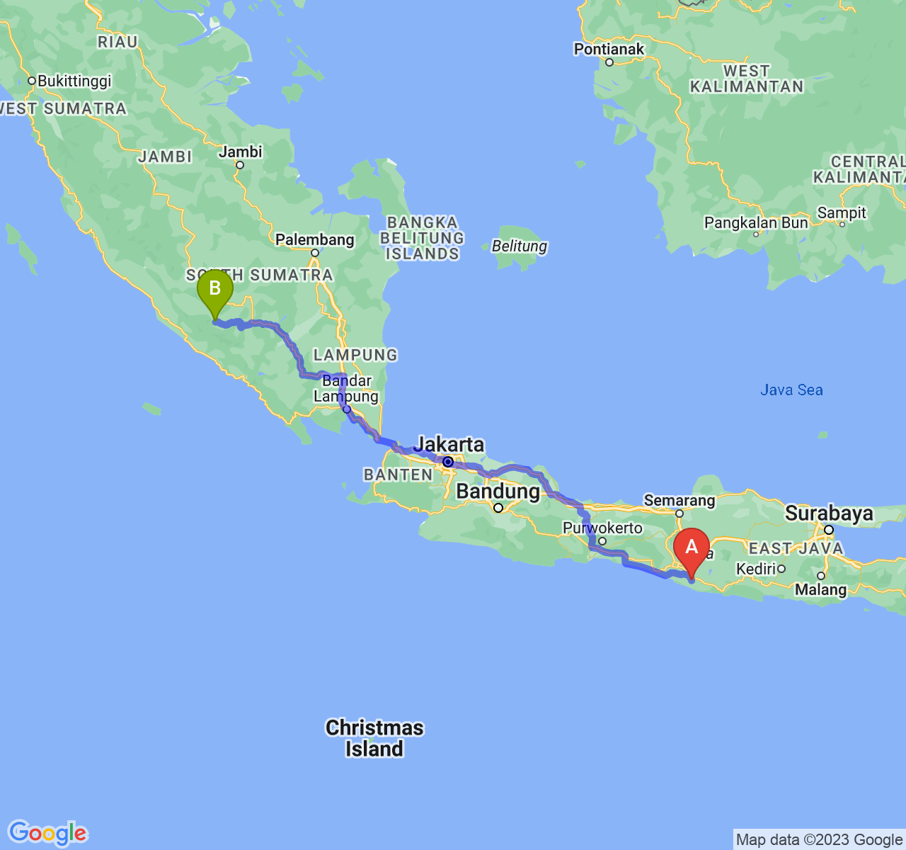 rute perjalanan Kab. Gunung Kidul-Kota Pagar Alam