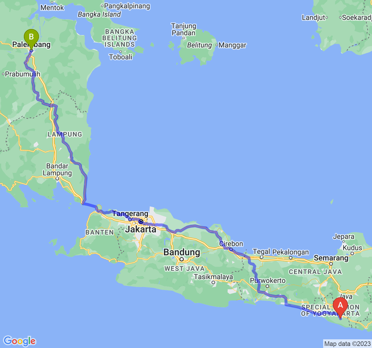 rute perjalanan Kab. Gunung Kidul-Kota Palembang