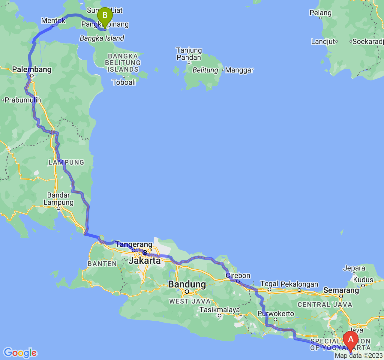 rute perjalanan Kab. Gunung Kidul-Kota Pangkalpinang