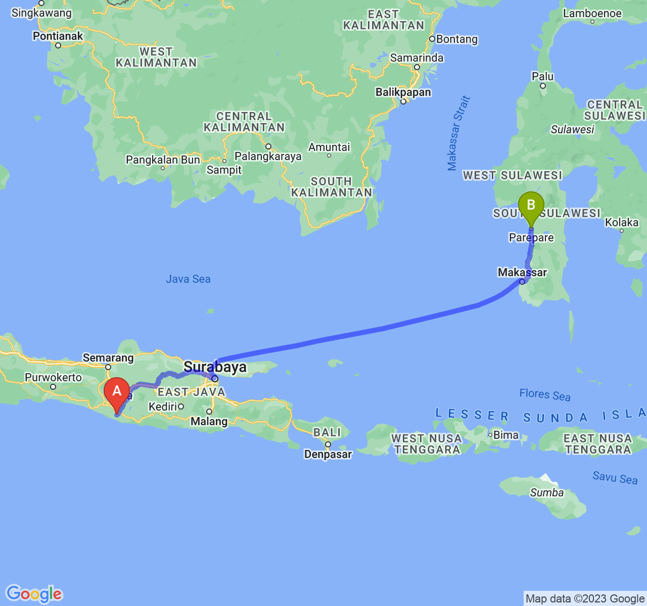 rute perjalanan Kab. Gunung Kidul-Kota Parepare