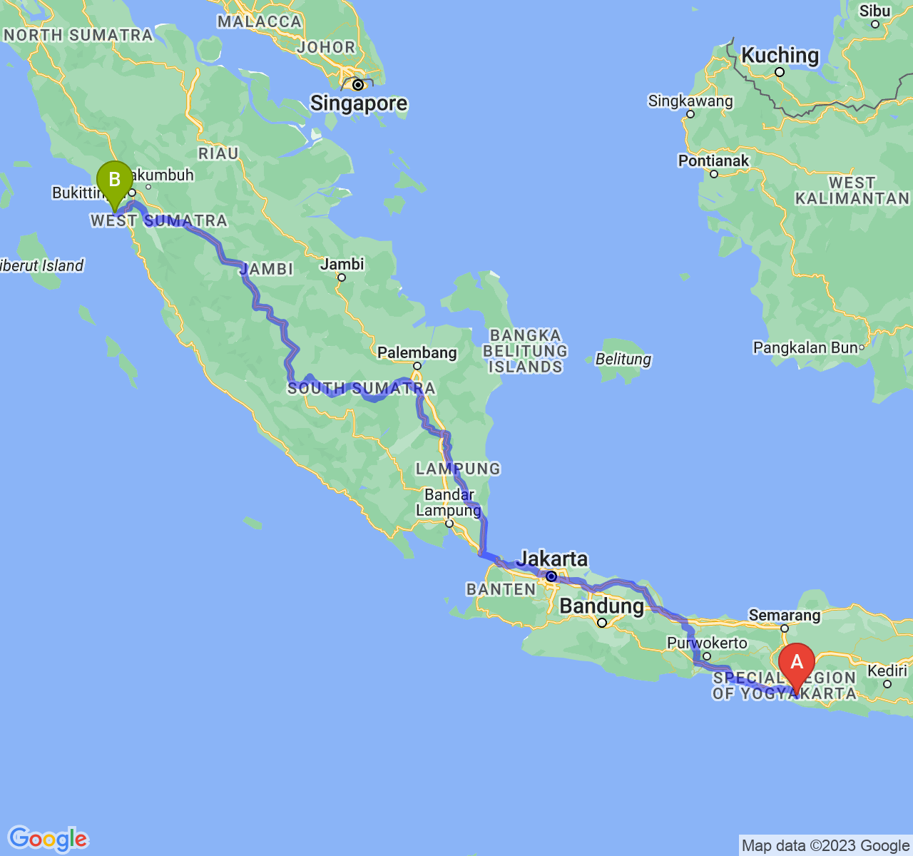 rute perjalanan Kab. Gunung Kidul-Kota Pariaman