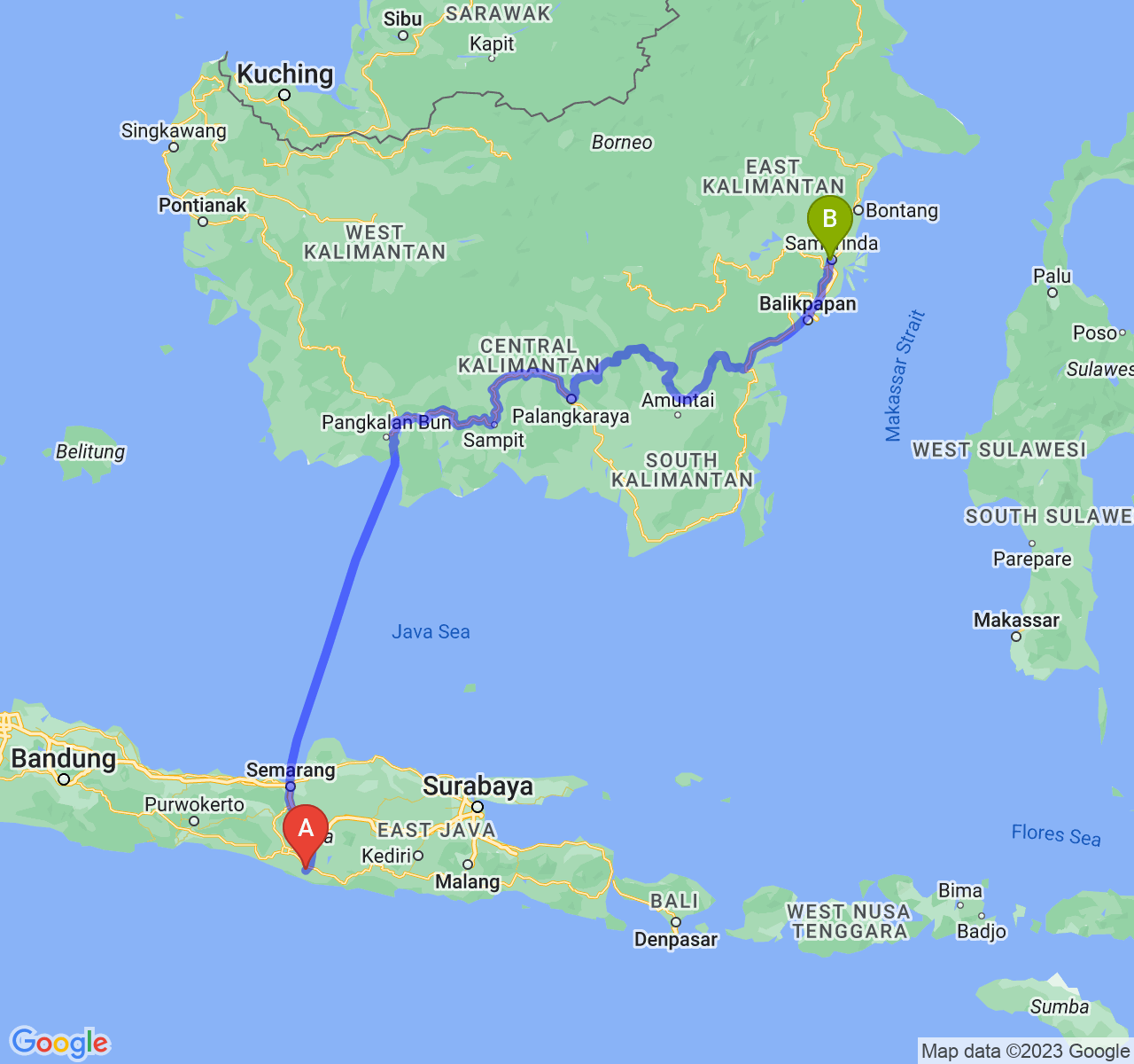 rute perjalanan Kab. Gunung Kidul-Kota Samarinda