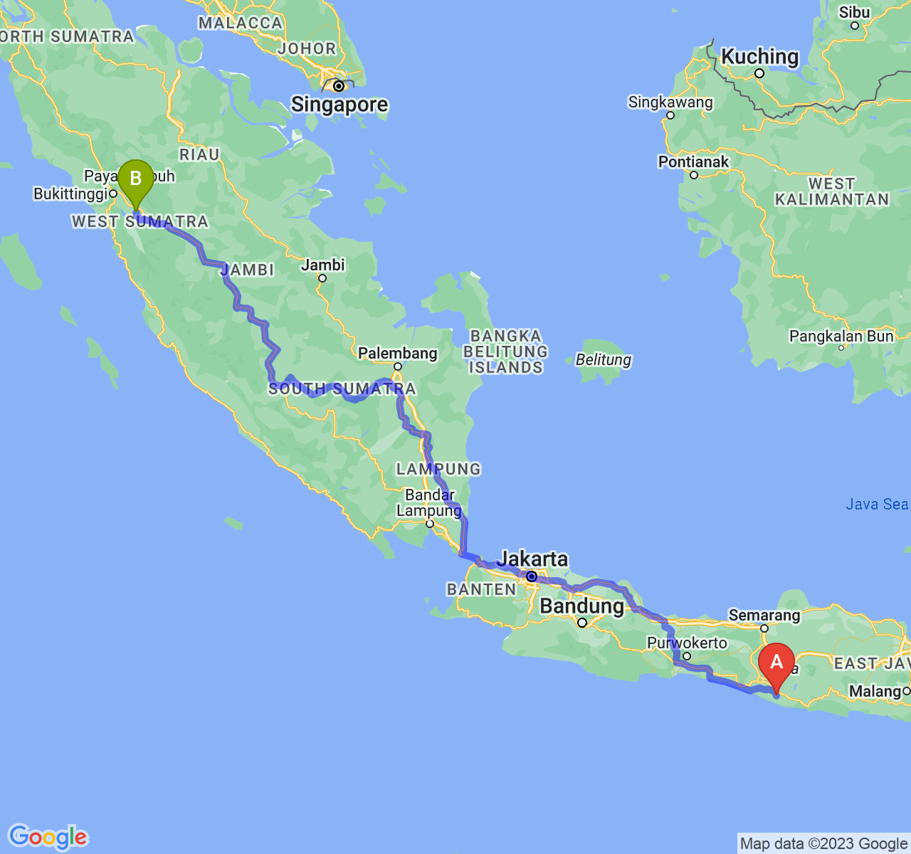 rute perjalanan Kab. Gunung Kidul-Kota Sawah Lunto