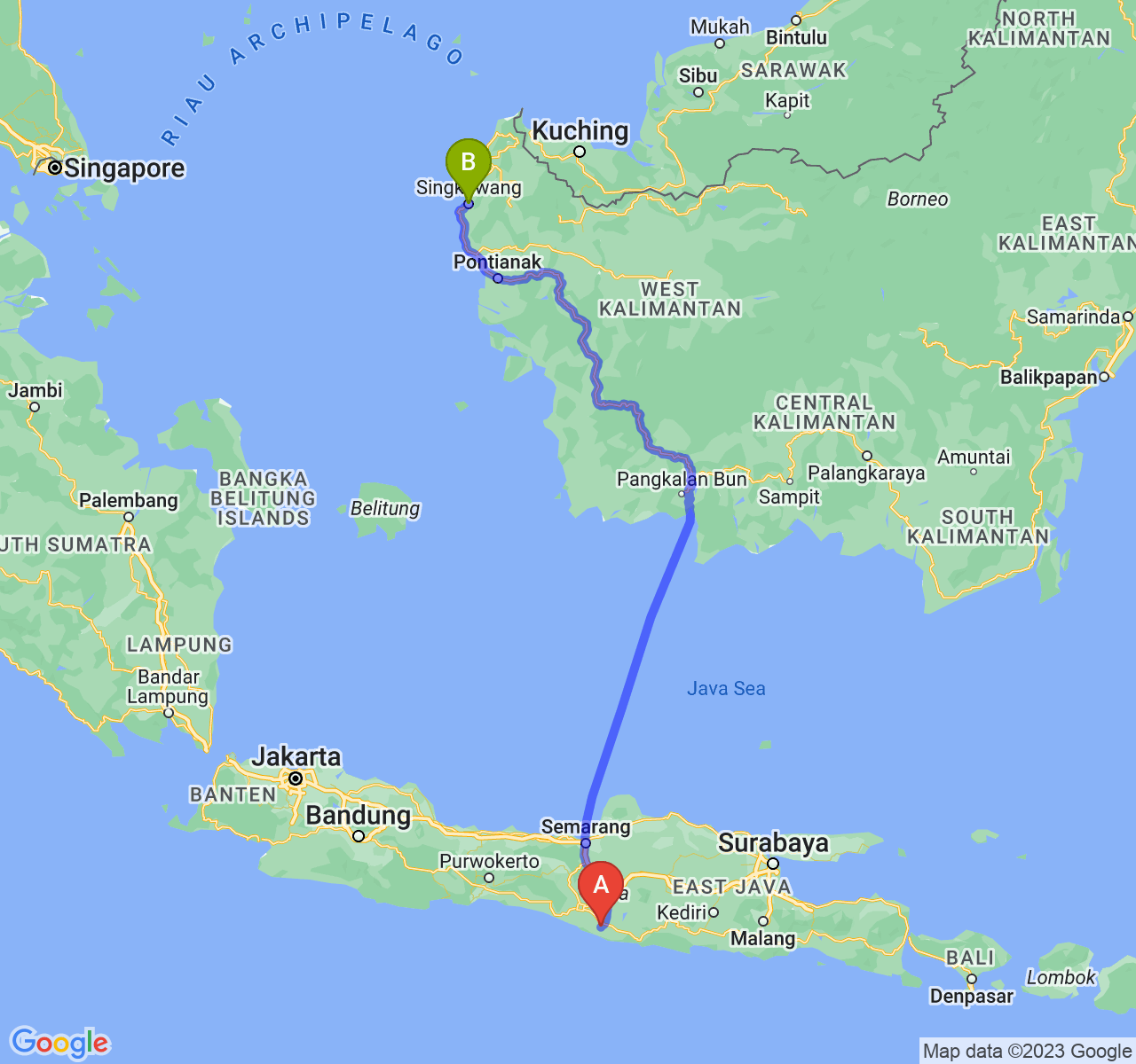 rute perjalanan Kab. Gunung Kidul-Kota Singkawang