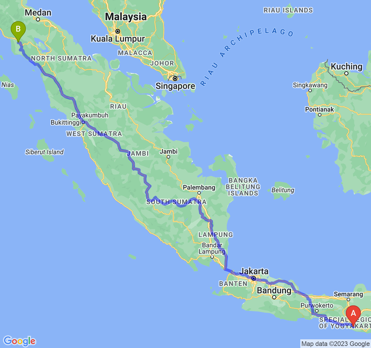 rute perjalanan Kab. Gunung Kidul-Kota Subulussalam