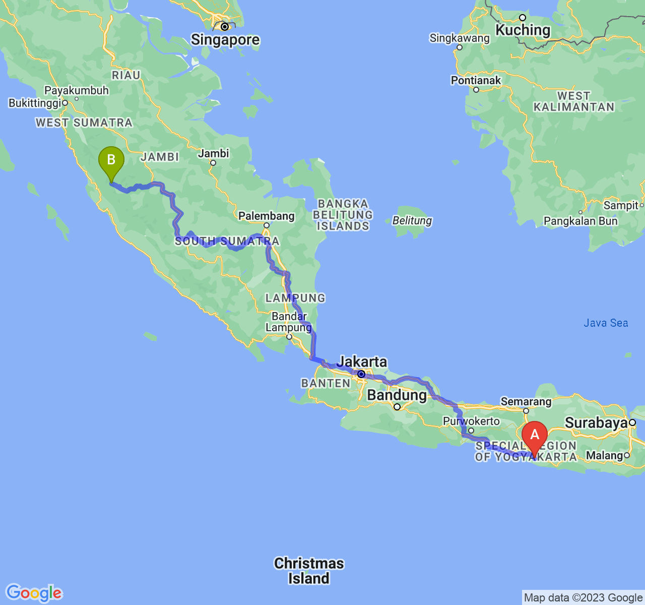 rute perjalanan Kab. Gunung Kidul-Kota Sungai Penuh