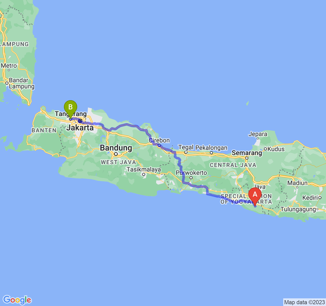 rute perjalanan Kab. Gunung Kidul-Kota Tangerang