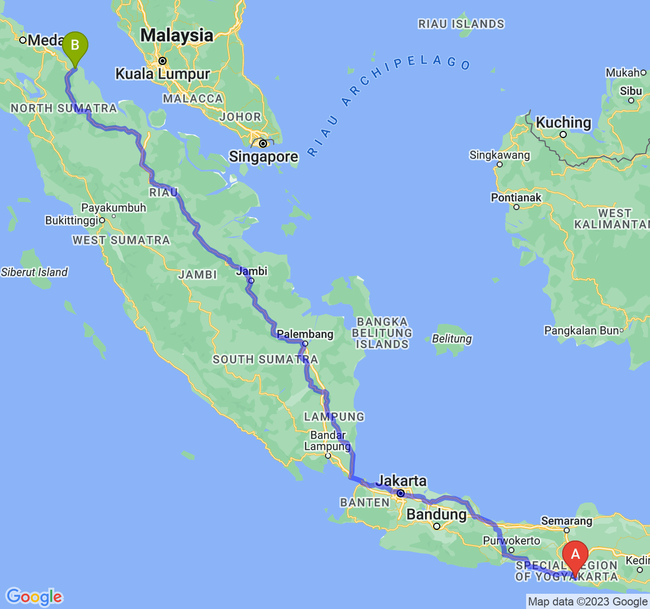 rute perjalanan Kab. Gunung Kidul-Kota Tanjung Balai