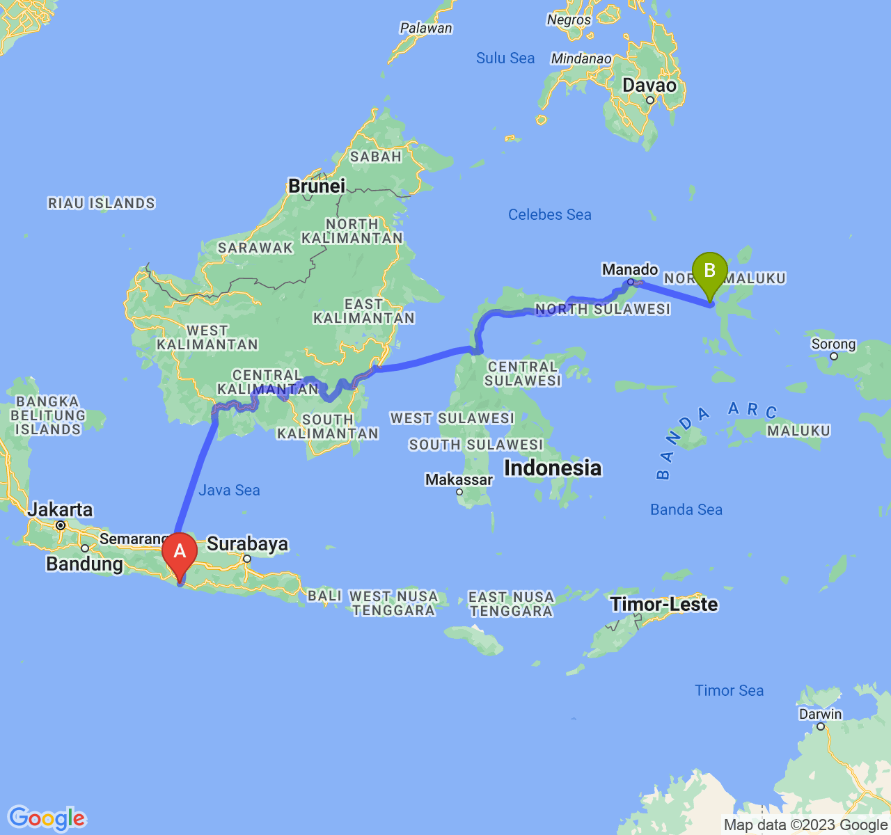 rute perjalanan Kab. Gunung Kidul-Kota Ternate