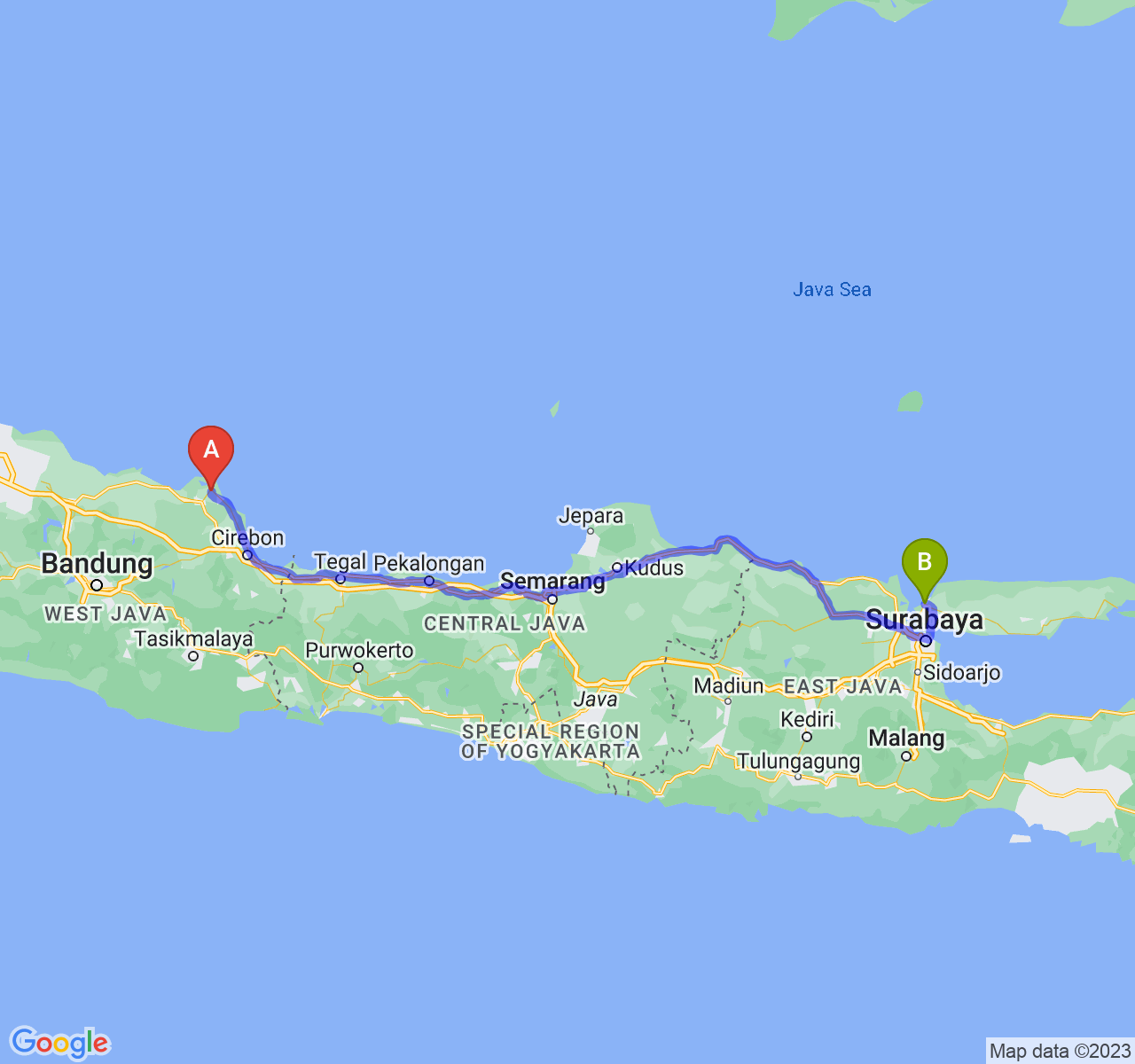 rute perjalanan Kab. Indramayu-Kab. Bangkalan