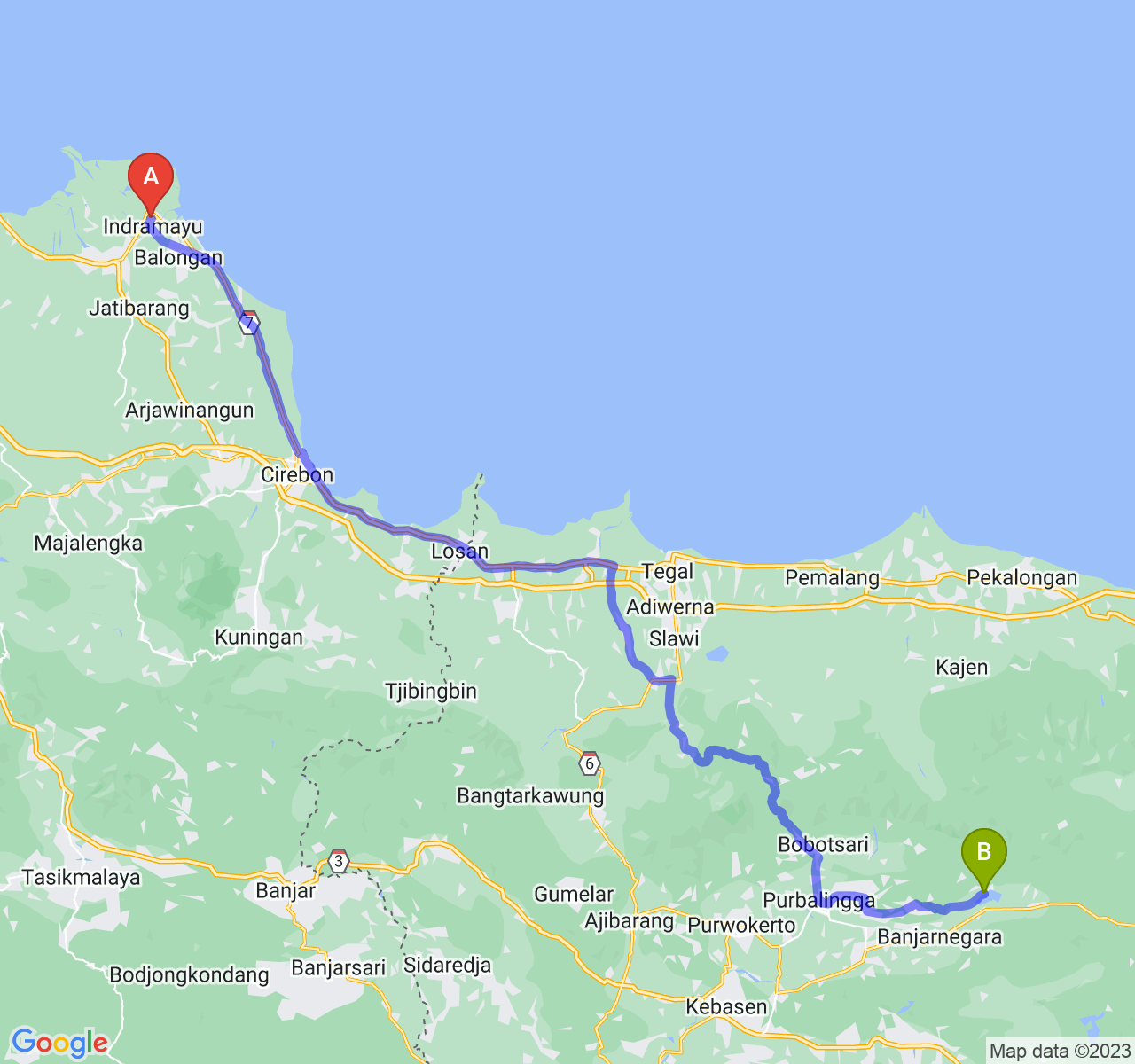 rute perjalanan Kab. Indramayu-Kab. Banjarnegara