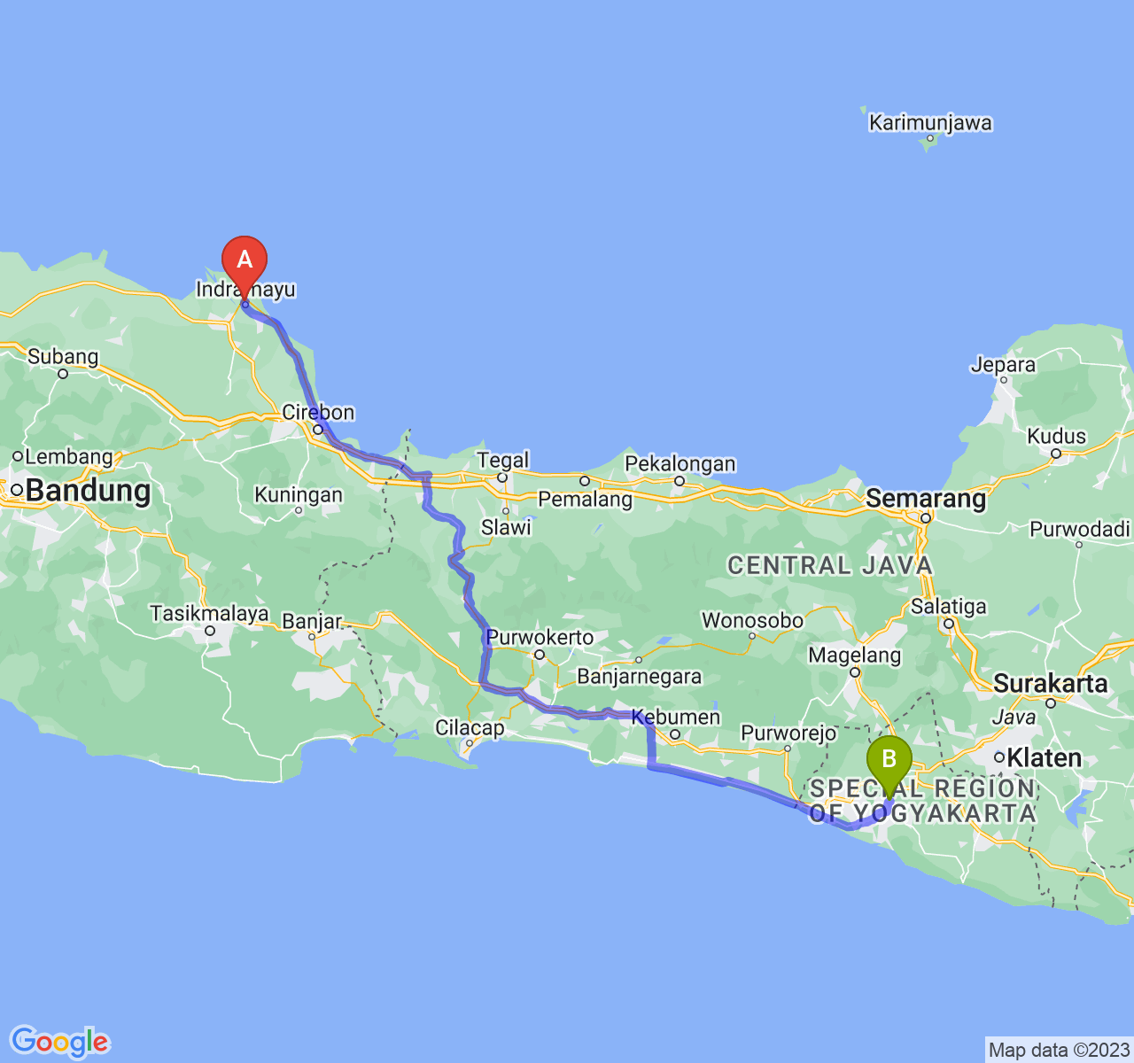 rute perjalanan Kab. Indramayu-Kab. Bantul