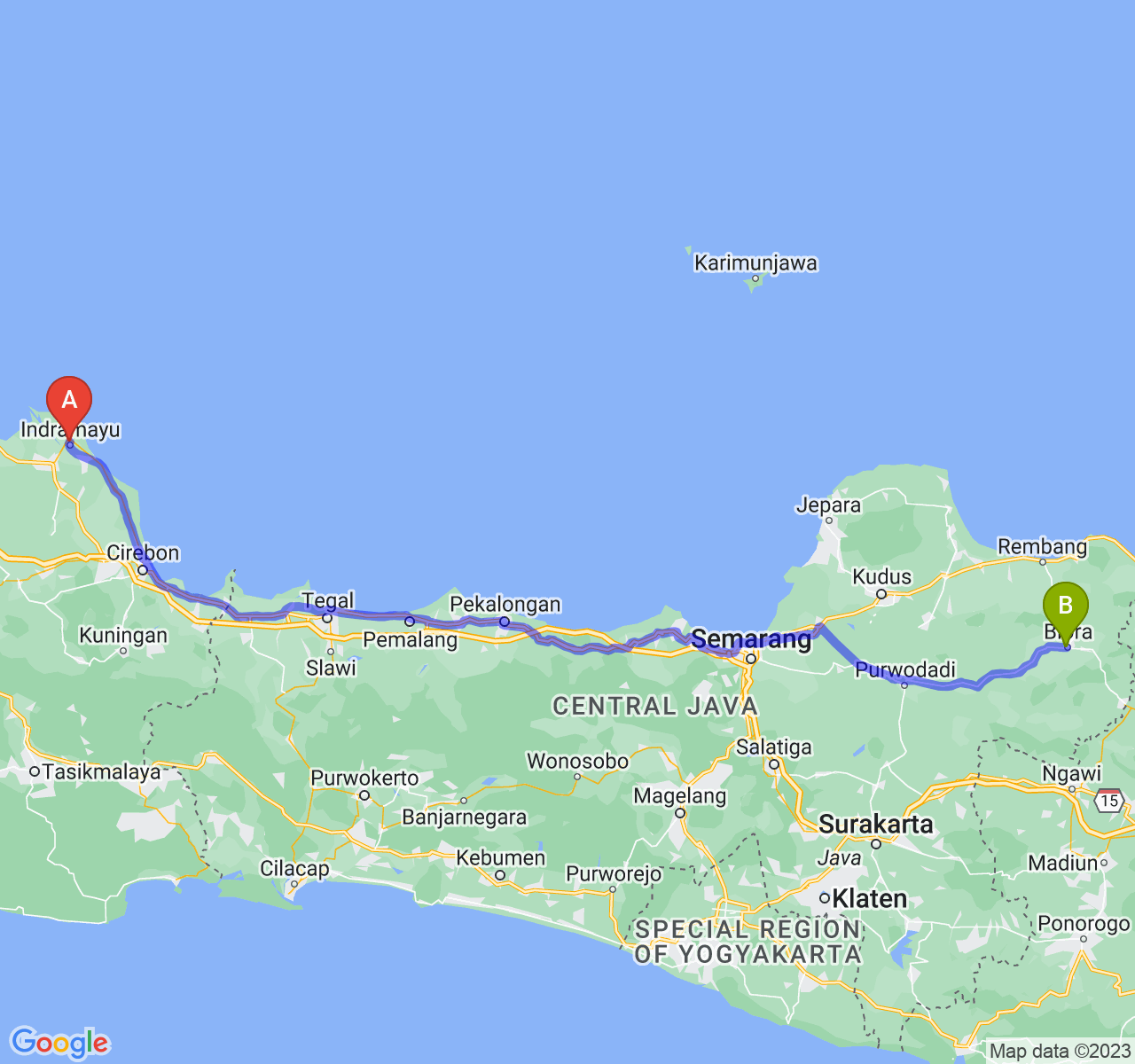 rute perjalanan Kab. Indramayu-Kab. Blora