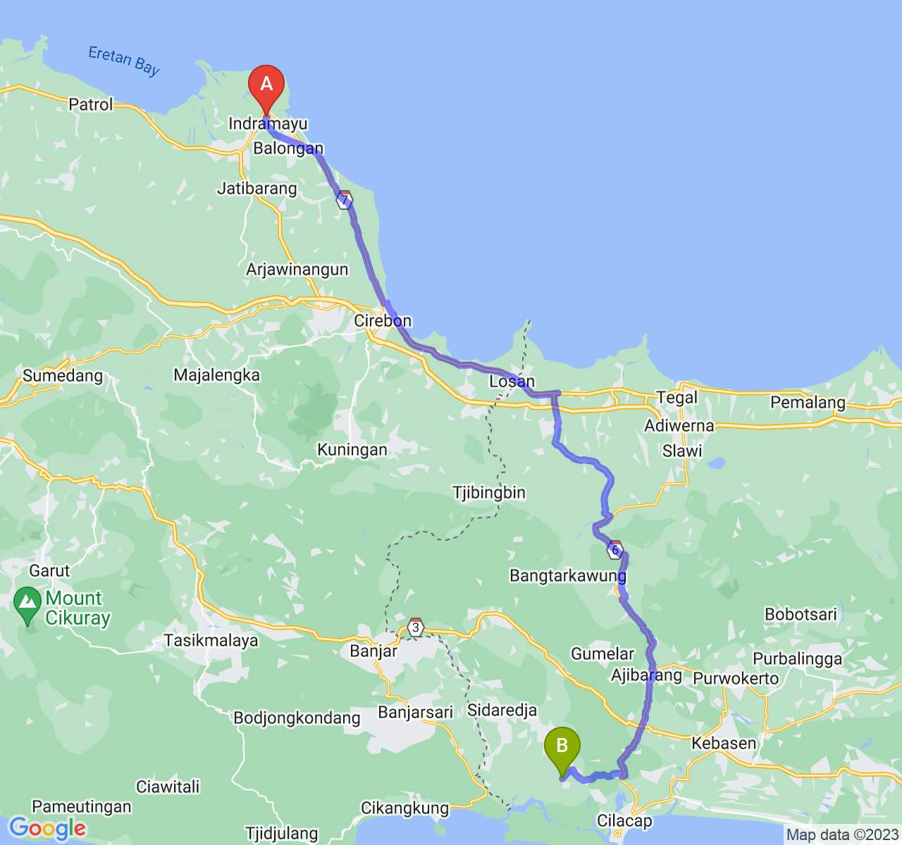 rute perjalanan Kab. Indramayu-Kab. Cilacap