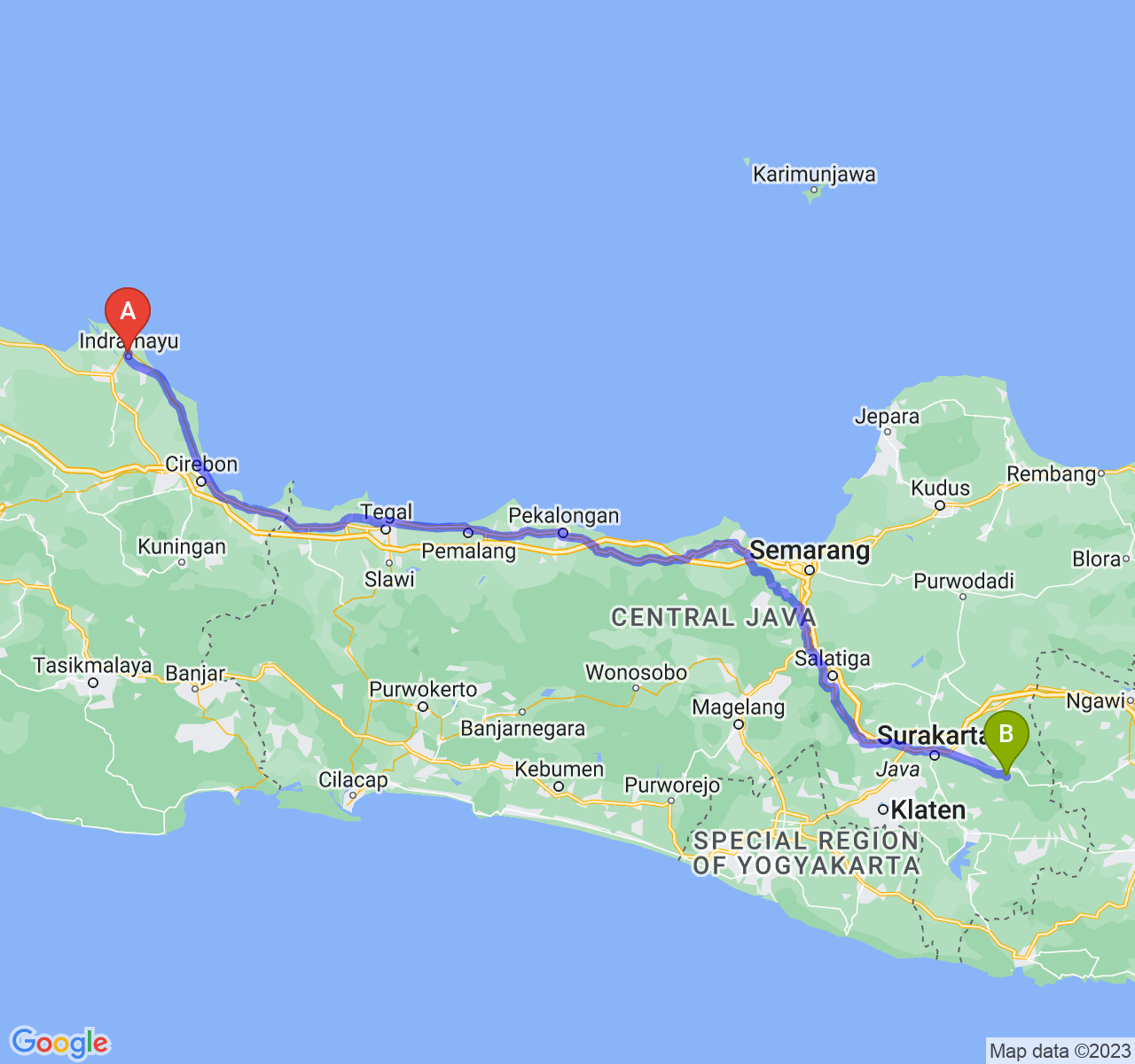 rute perjalanan Kab. Indramayu-Kab. Karanganyar