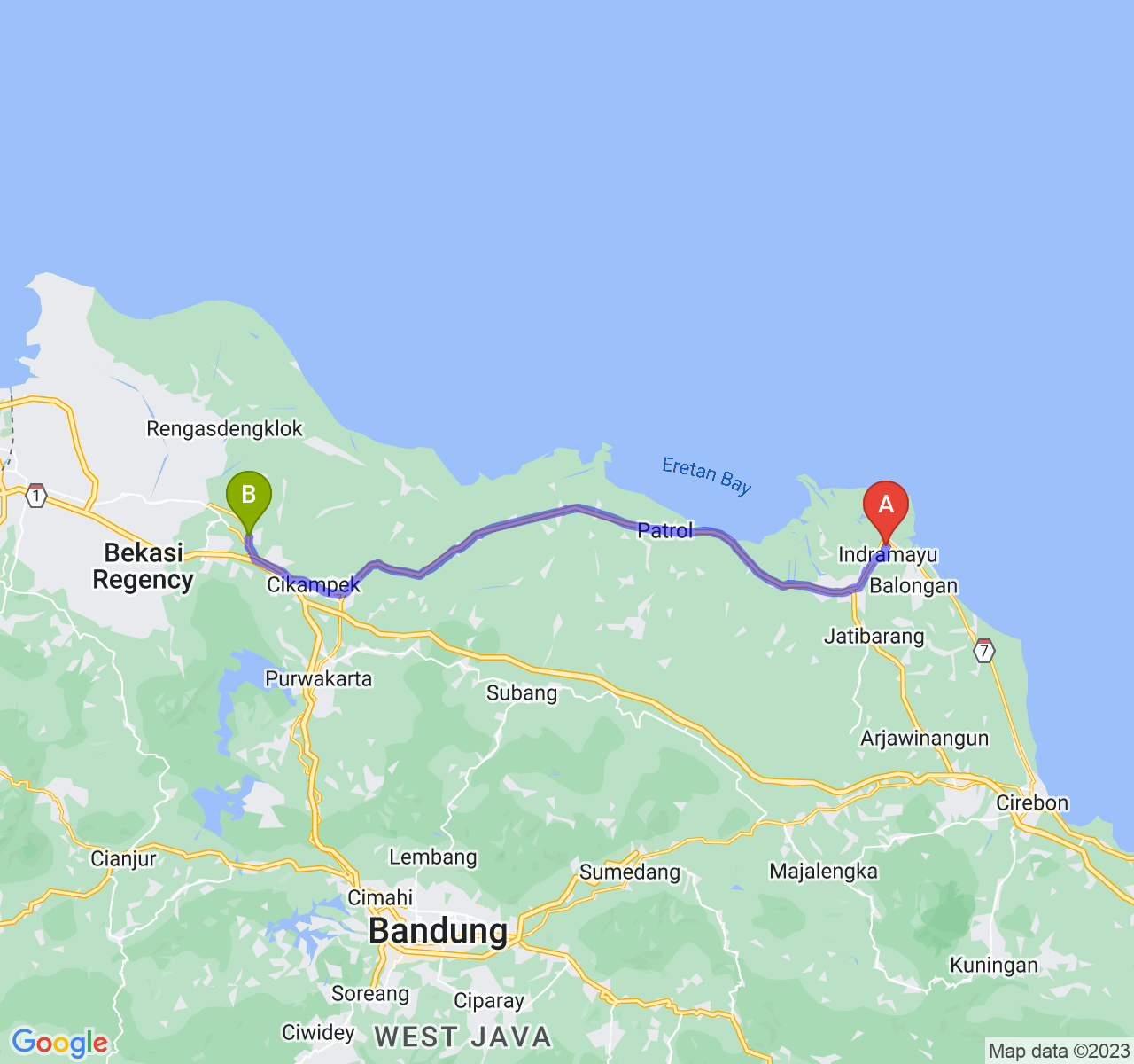 rute perjalanan Kab. Indramayu-Kab. Karawang