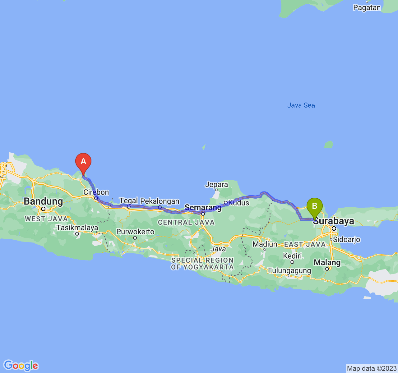 rute perjalanan Kab. Indramayu-Kab. Lamongan