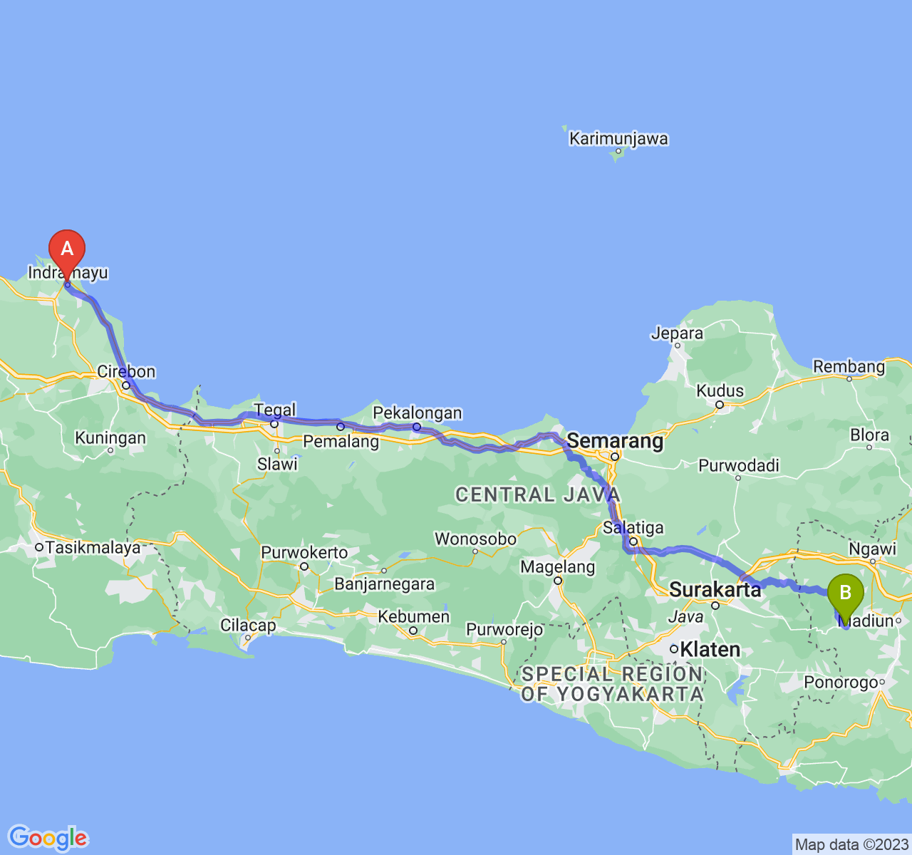 rute perjalanan Kab. Indramayu-Kab. Magetan