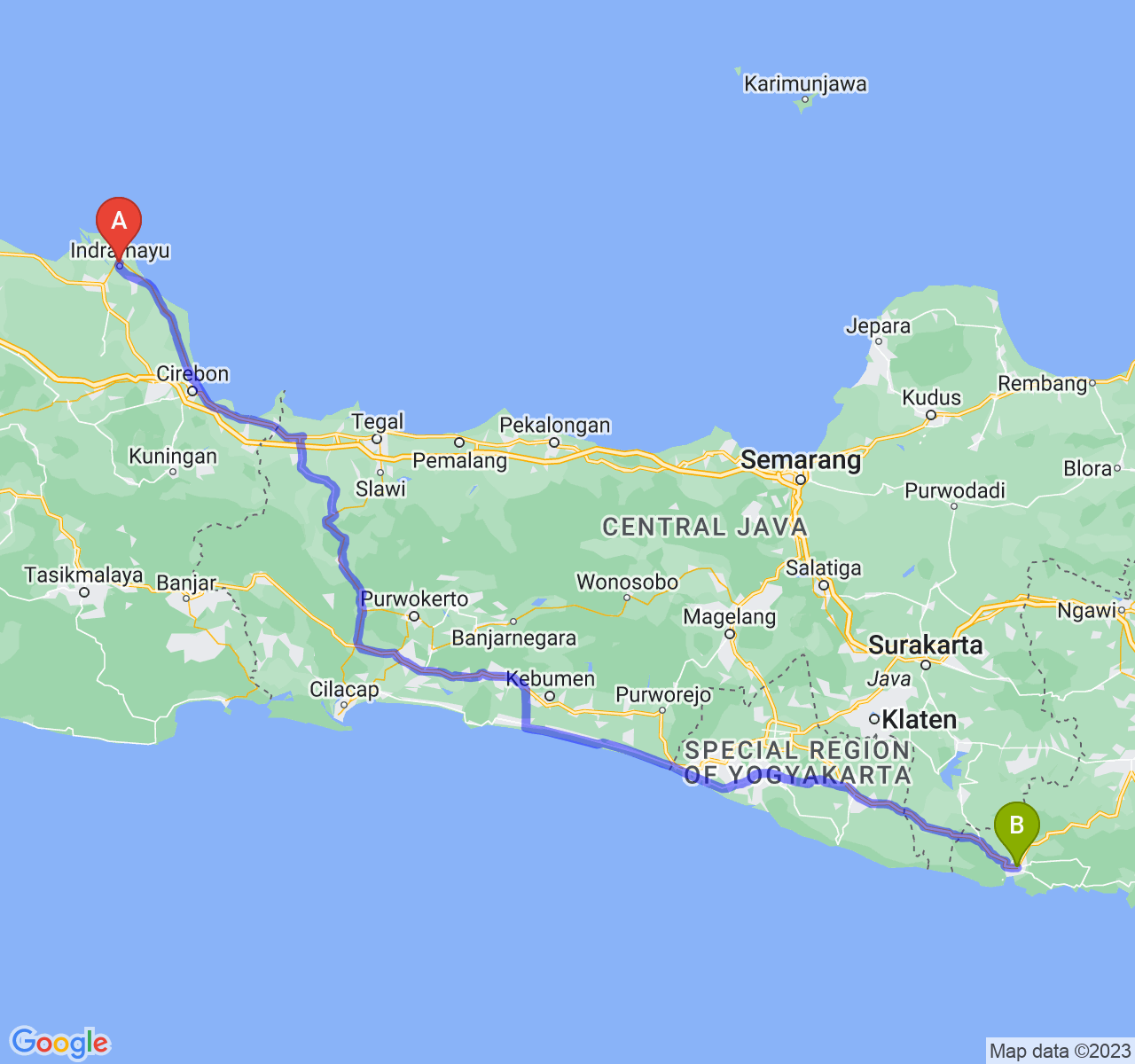 rute perjalanan Kab. Indramayu-Kab. Pacitan