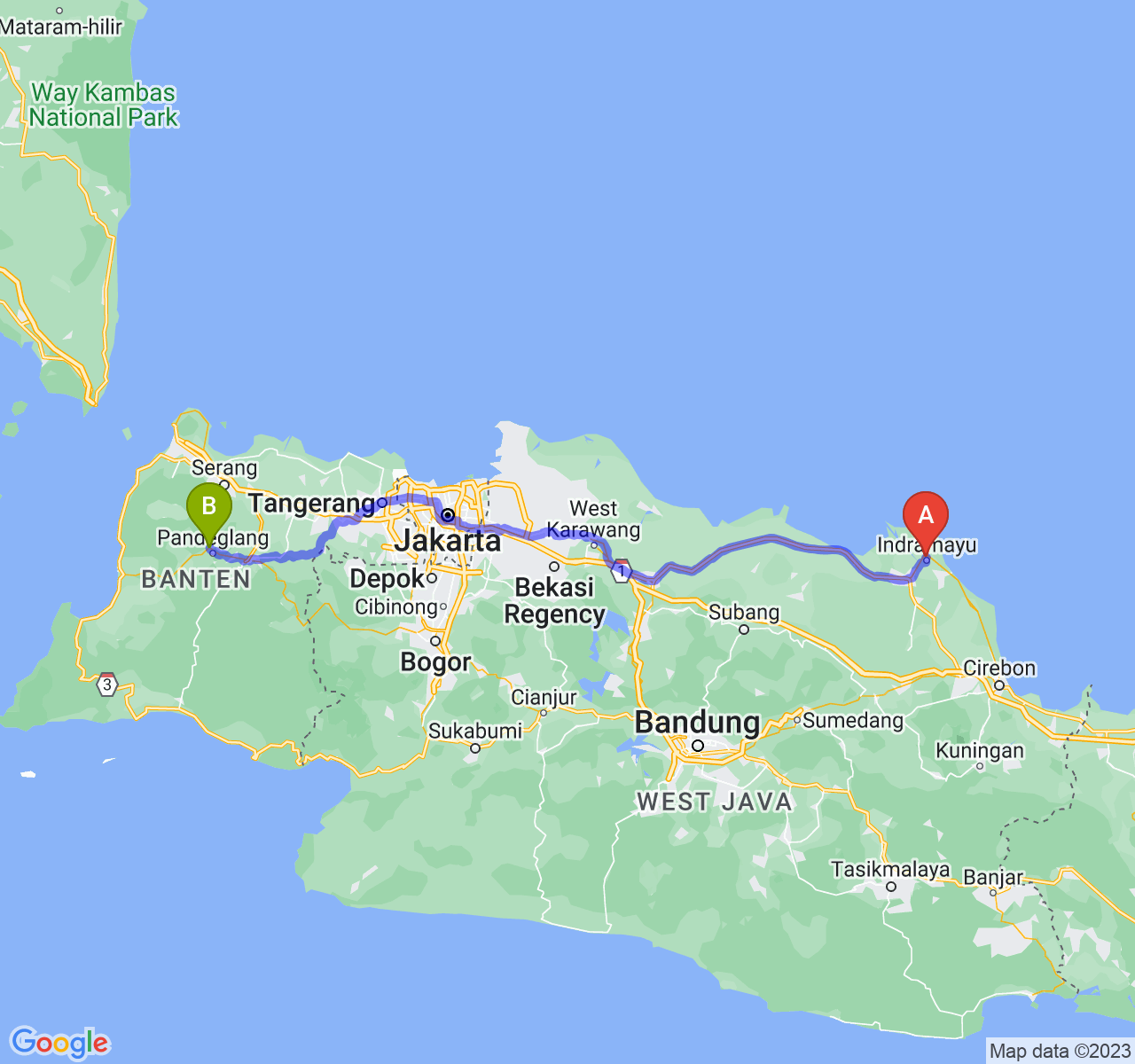 rute perjalanan Kab. Indramayu-Kab. Pandeglang