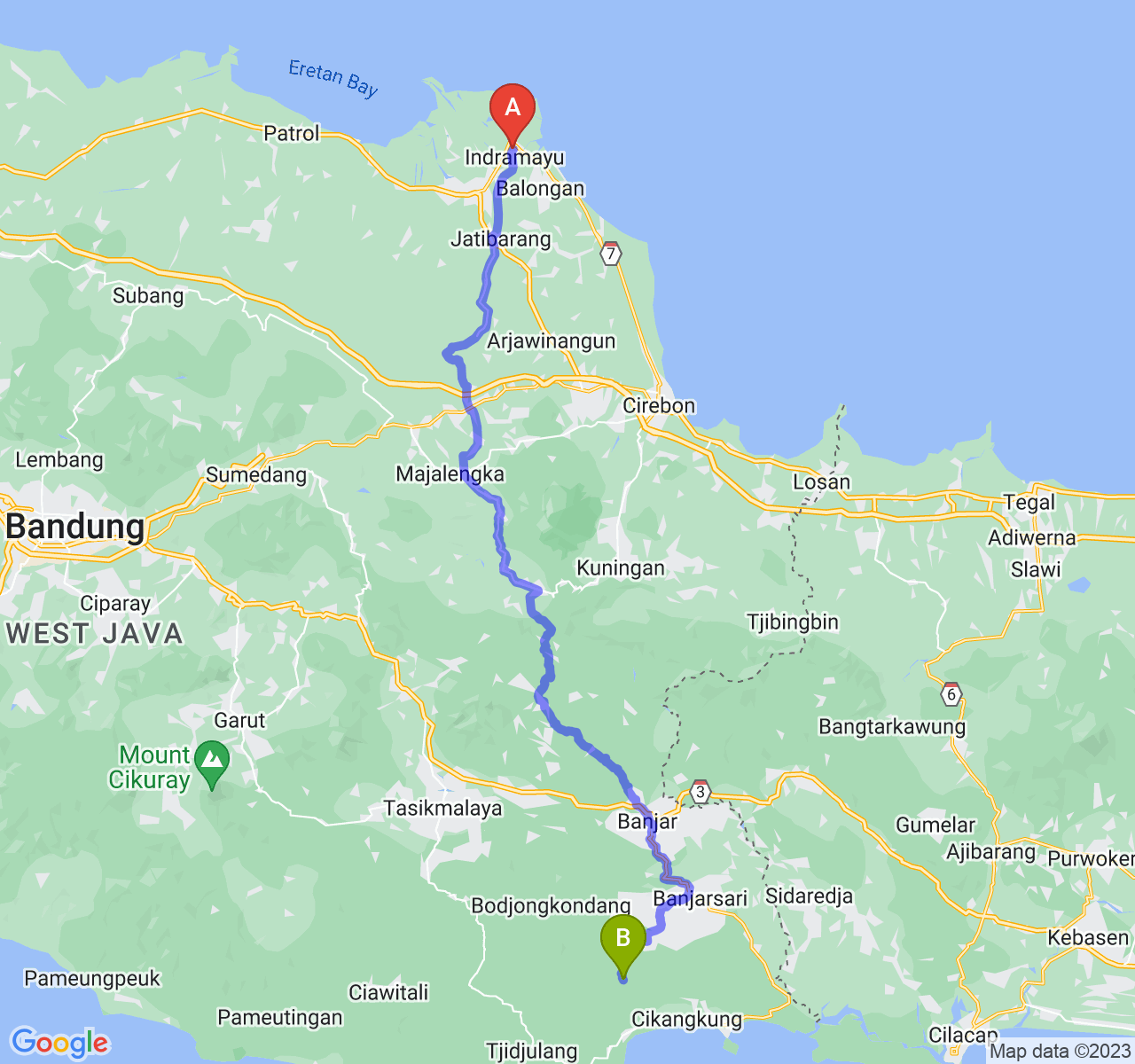 rute perjalanan Kab. Indramayu-Kab. Pangandaran