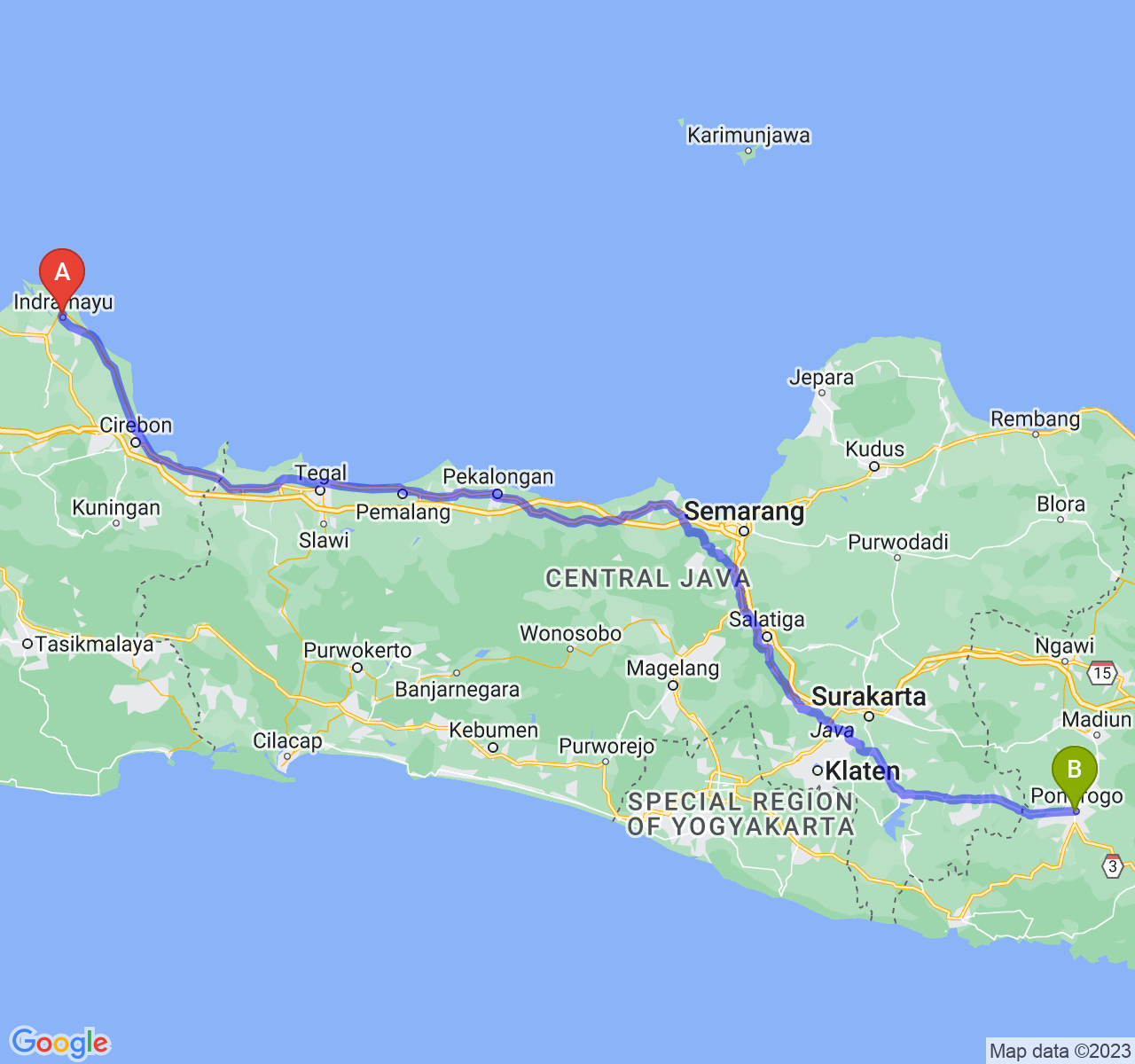 rute perjalanan Kab. Indramayu-Kab. Ponorogo