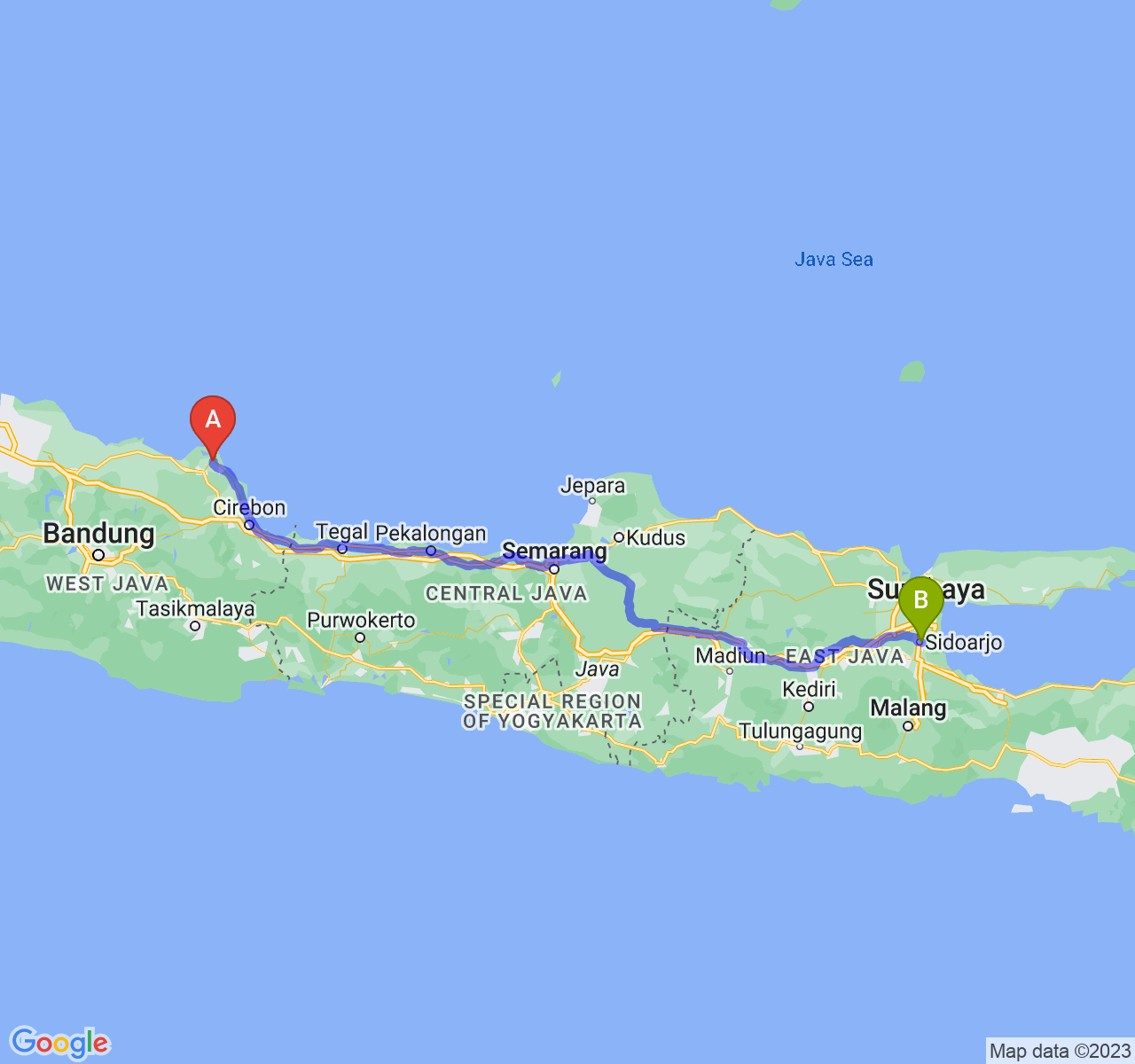 rute perjalanan Kab. Indramayu-Kab. Sidoarjo