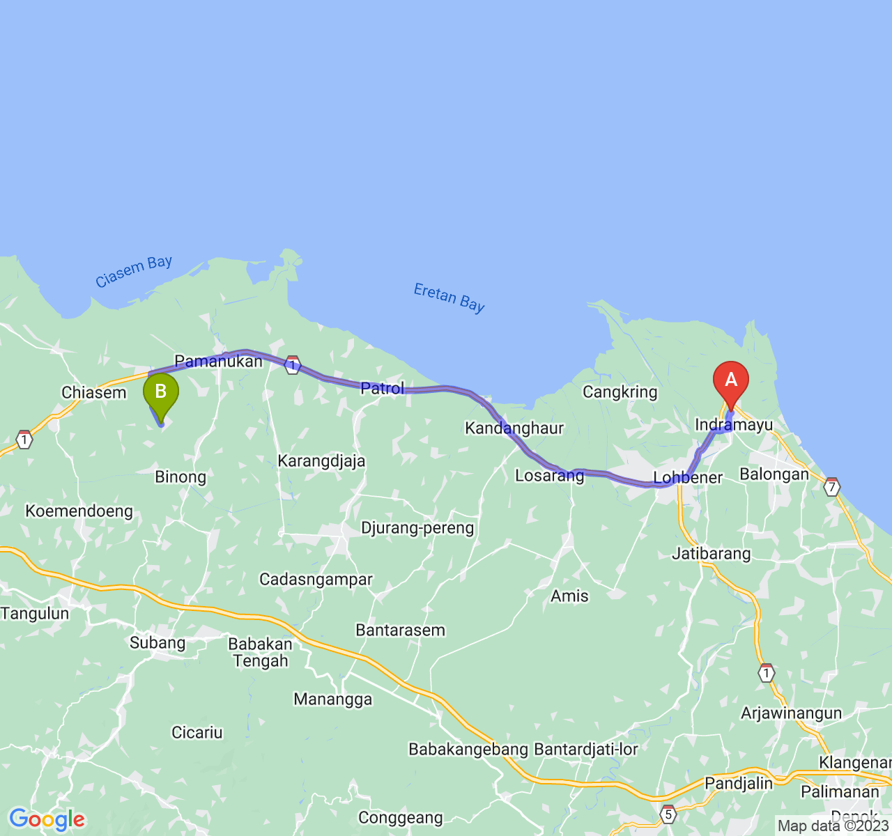 rute perjalanan Kab. Indramayu-Kab. Subang