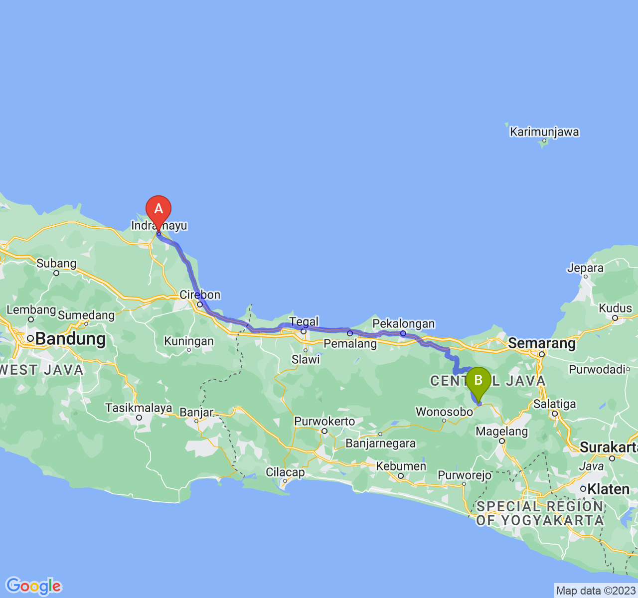 rute perjalanan Kab. Indramayu-Kab. Temanggung