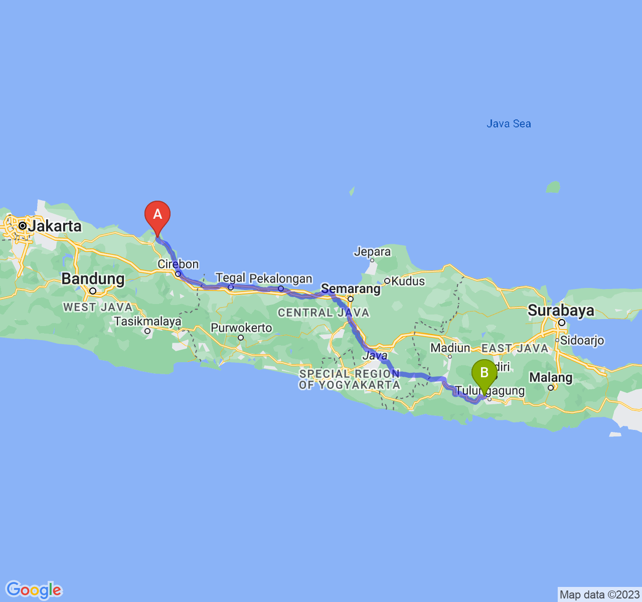 rute perjalanan Kab. Indramayu-Kab. Tulungagung