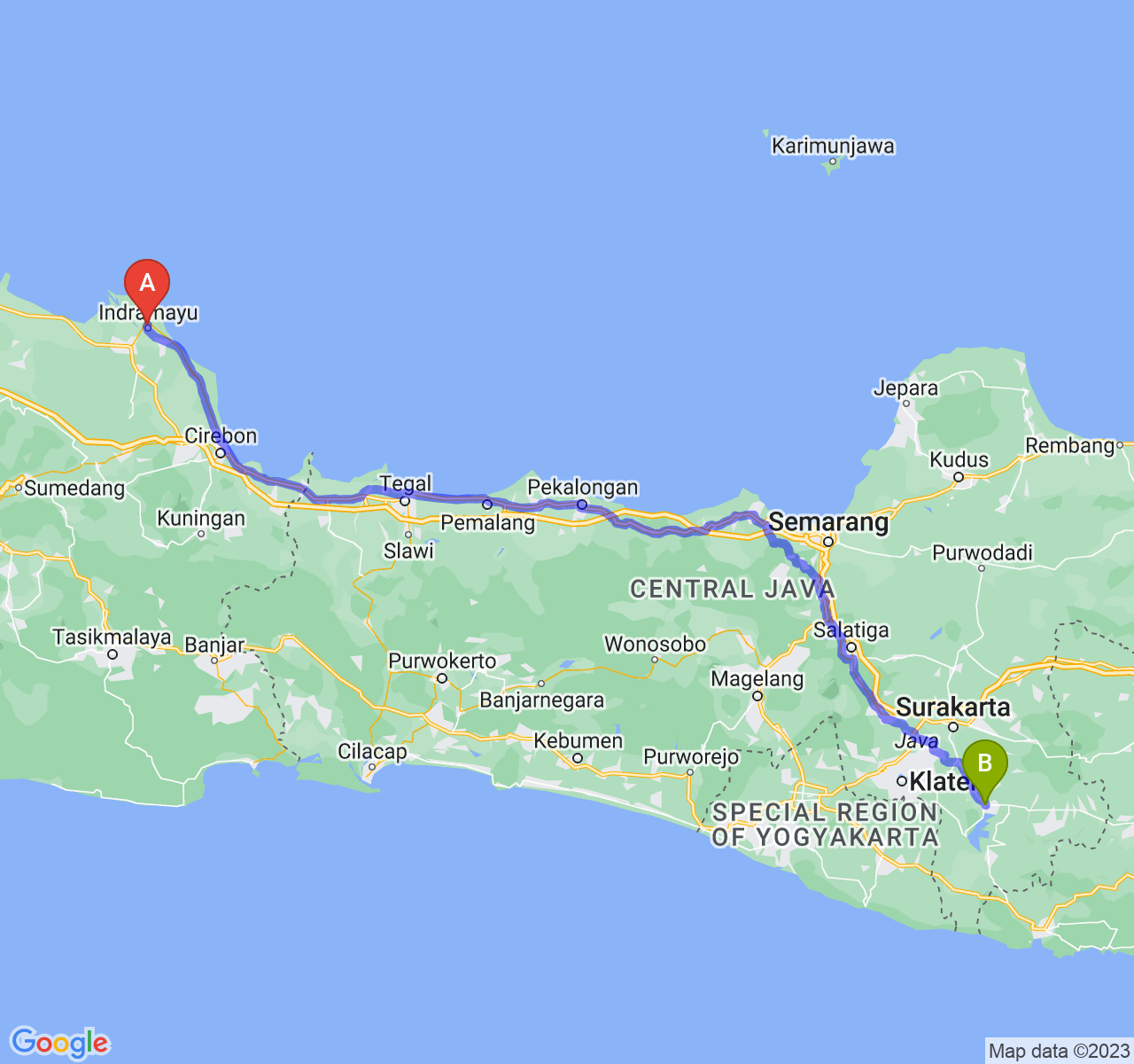 rute perjalanan Kab. Indramayu-Kab. Wonogiri