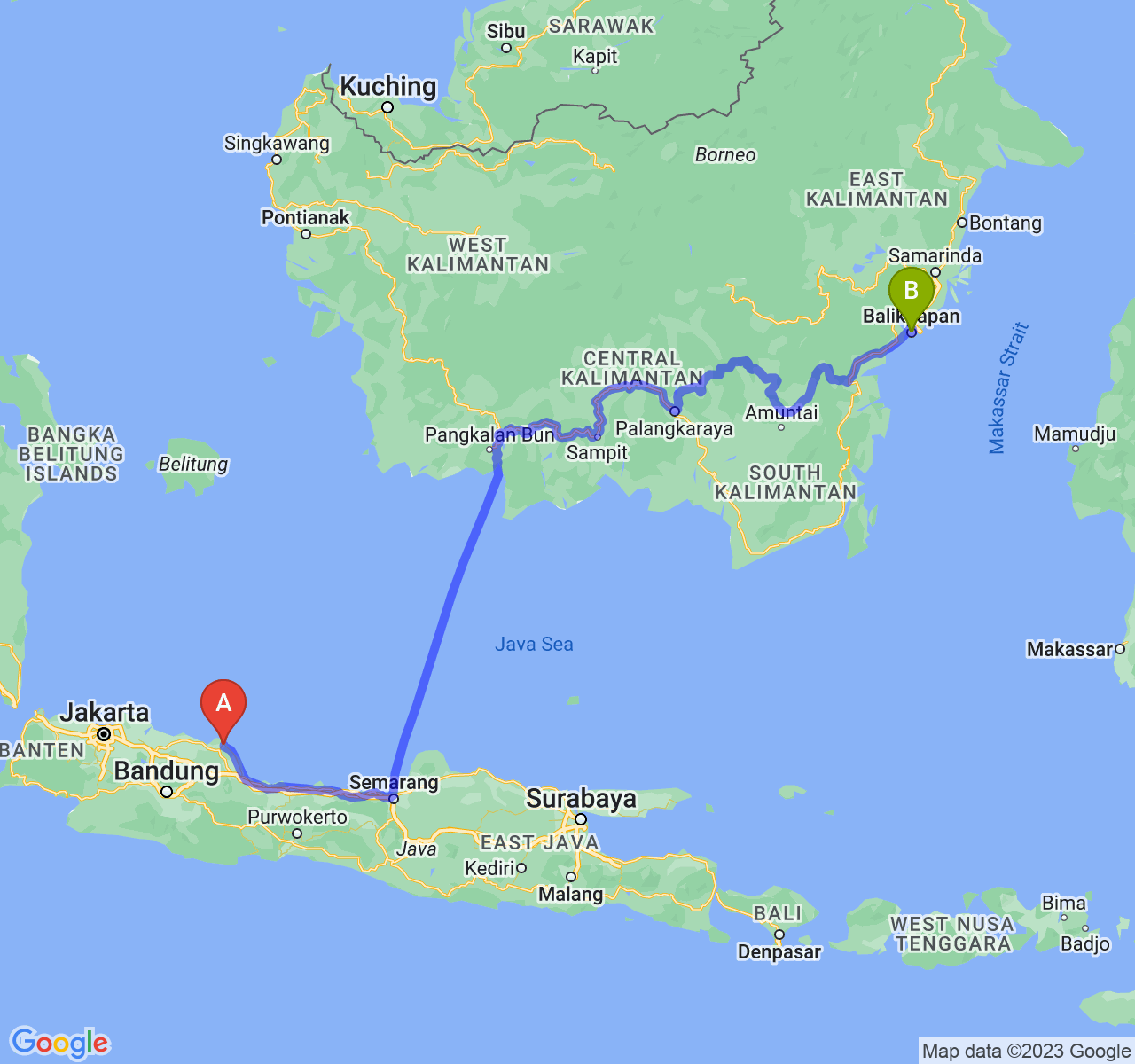 rute perjalanan Kab. Indramayu-Kota Balikpapan