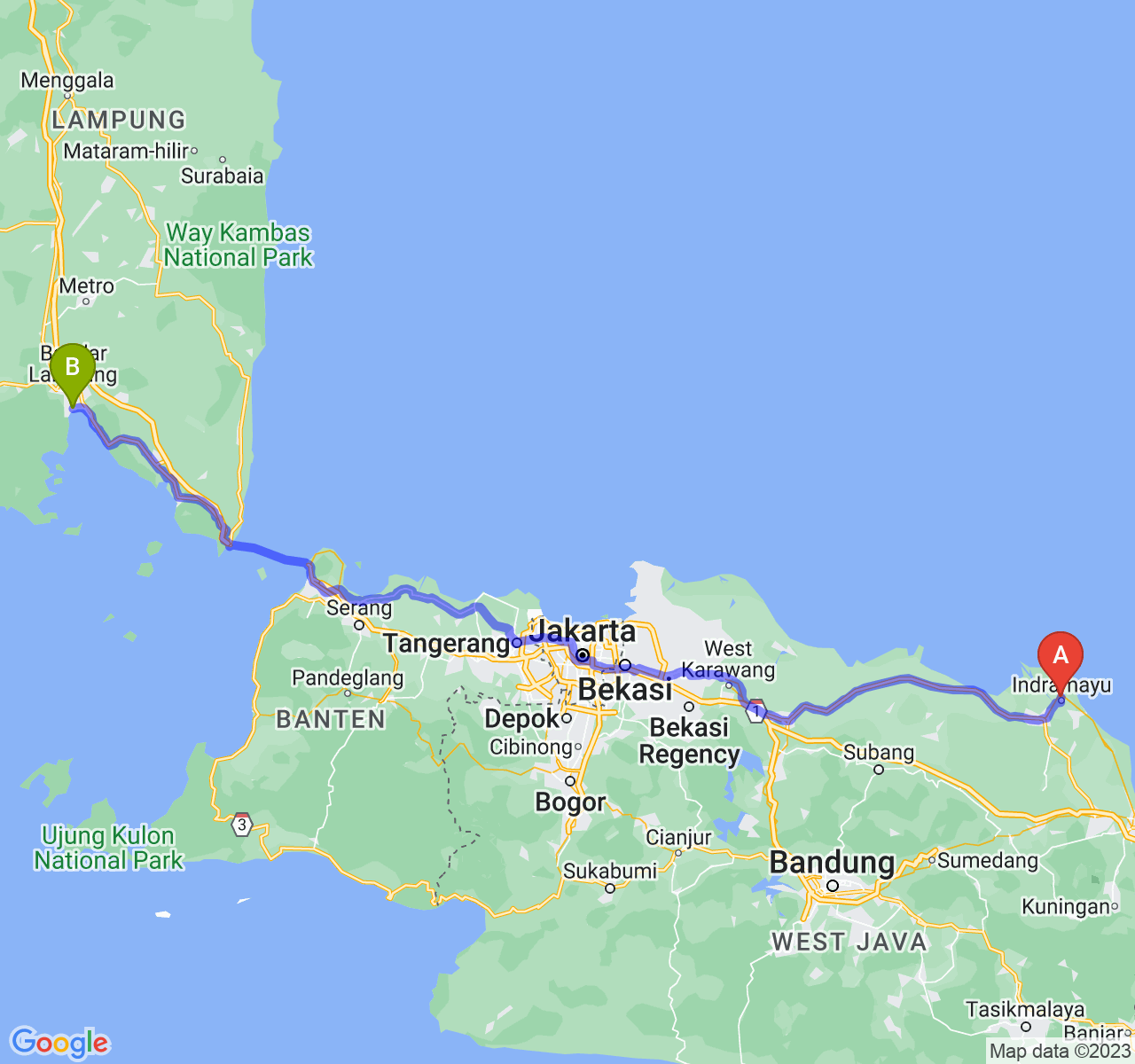 rute perjalanan Kab. Indramayu-Kota Bandar Lampung