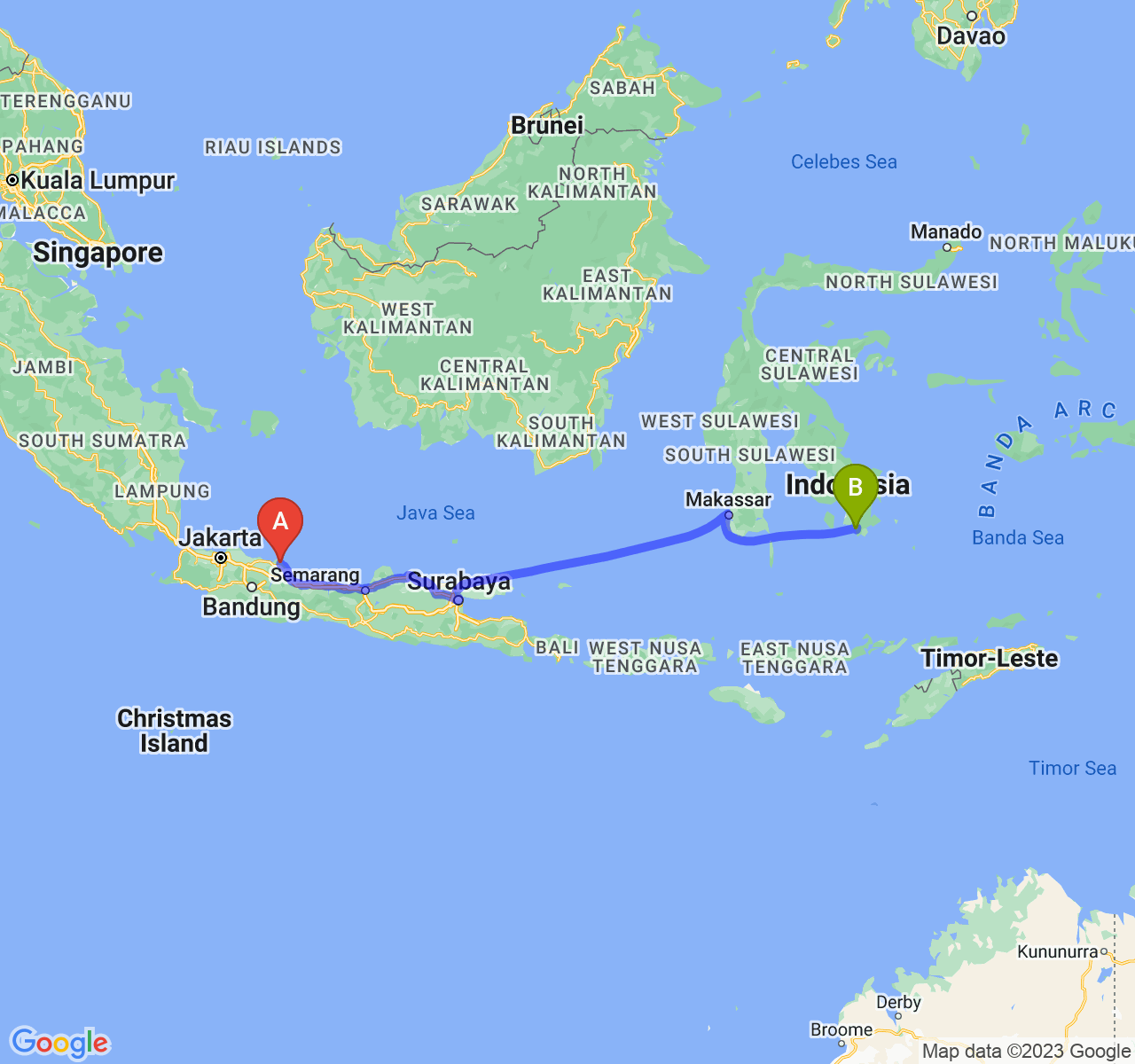 rute perjalanan Kab. Indramayu-Kota Baubau