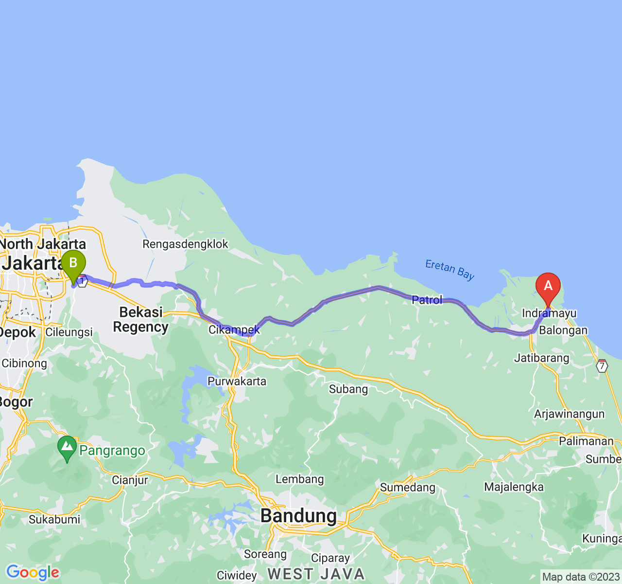 rute perjalanan Kab. Indramayu-Kota Bekasi