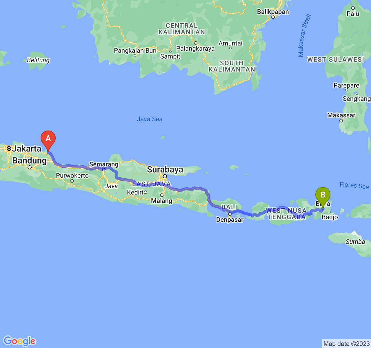 rute perjalanan Kab. Indramayu-Kota Bima