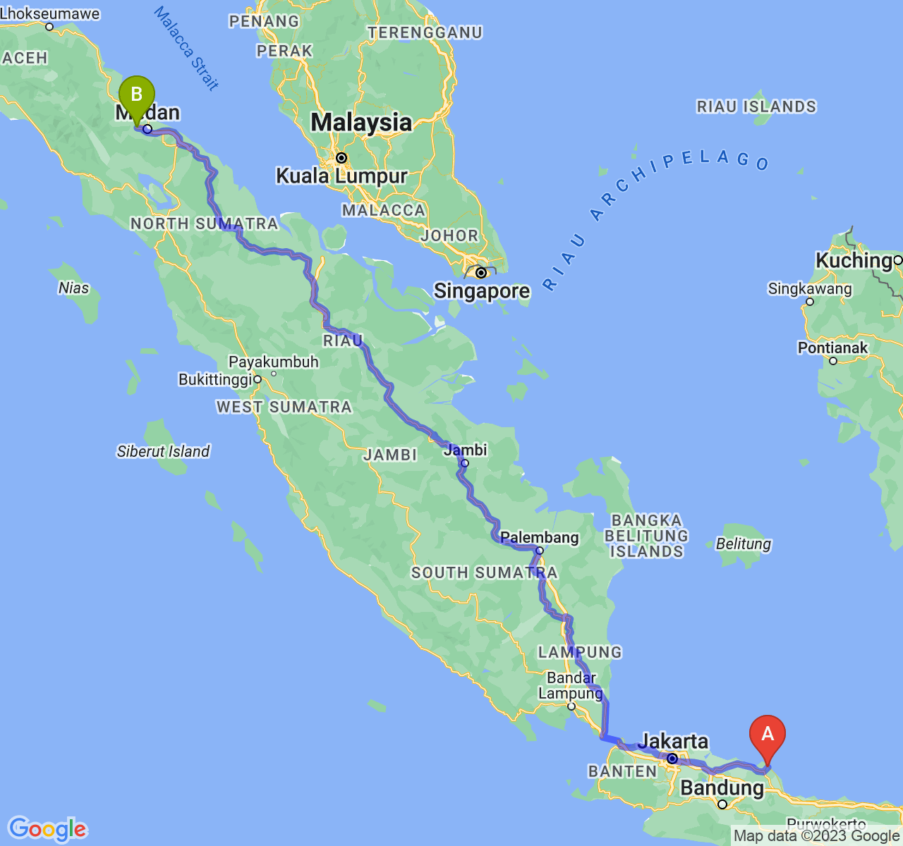 rute perjalanan Kab. Indramayu-Kota Binjai