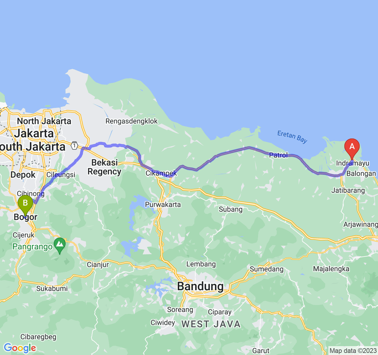 rute perjalanan Kab. Indramayu-Kota Bogor