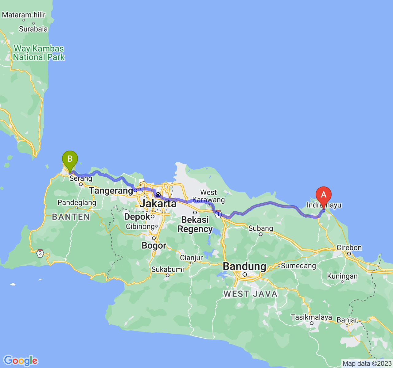 rute perjalanan Kab. Indramayu-Kota Cilegon