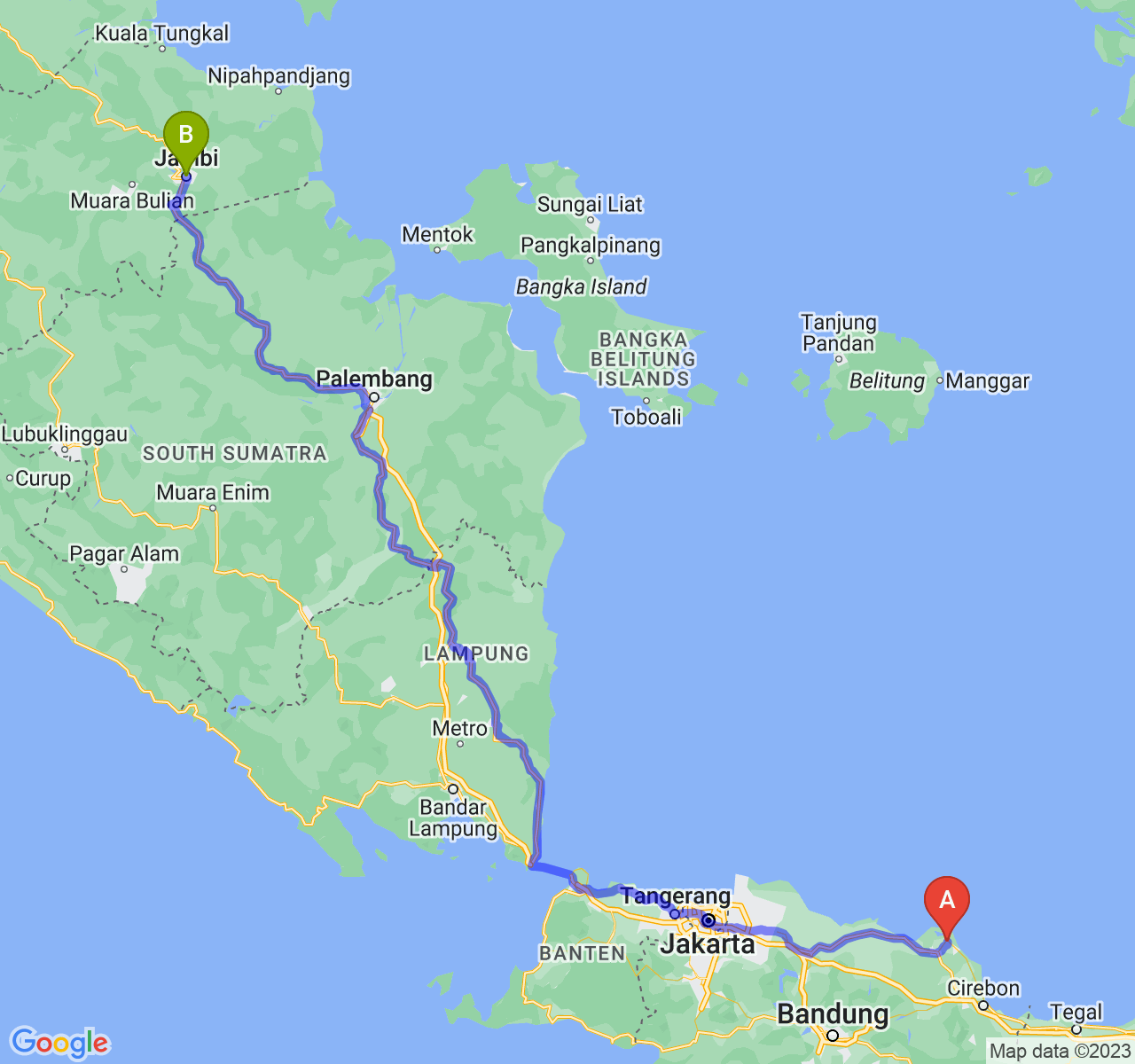 rute perjalanan Kab. Indramayu-Kota Jambi