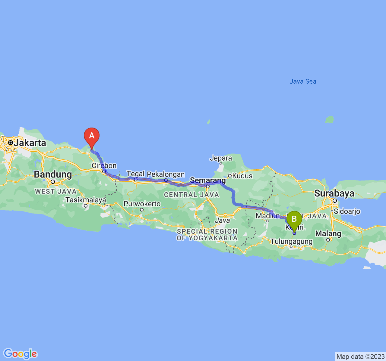 rute perjalanan Kab. Indramayu-Kota Kediri