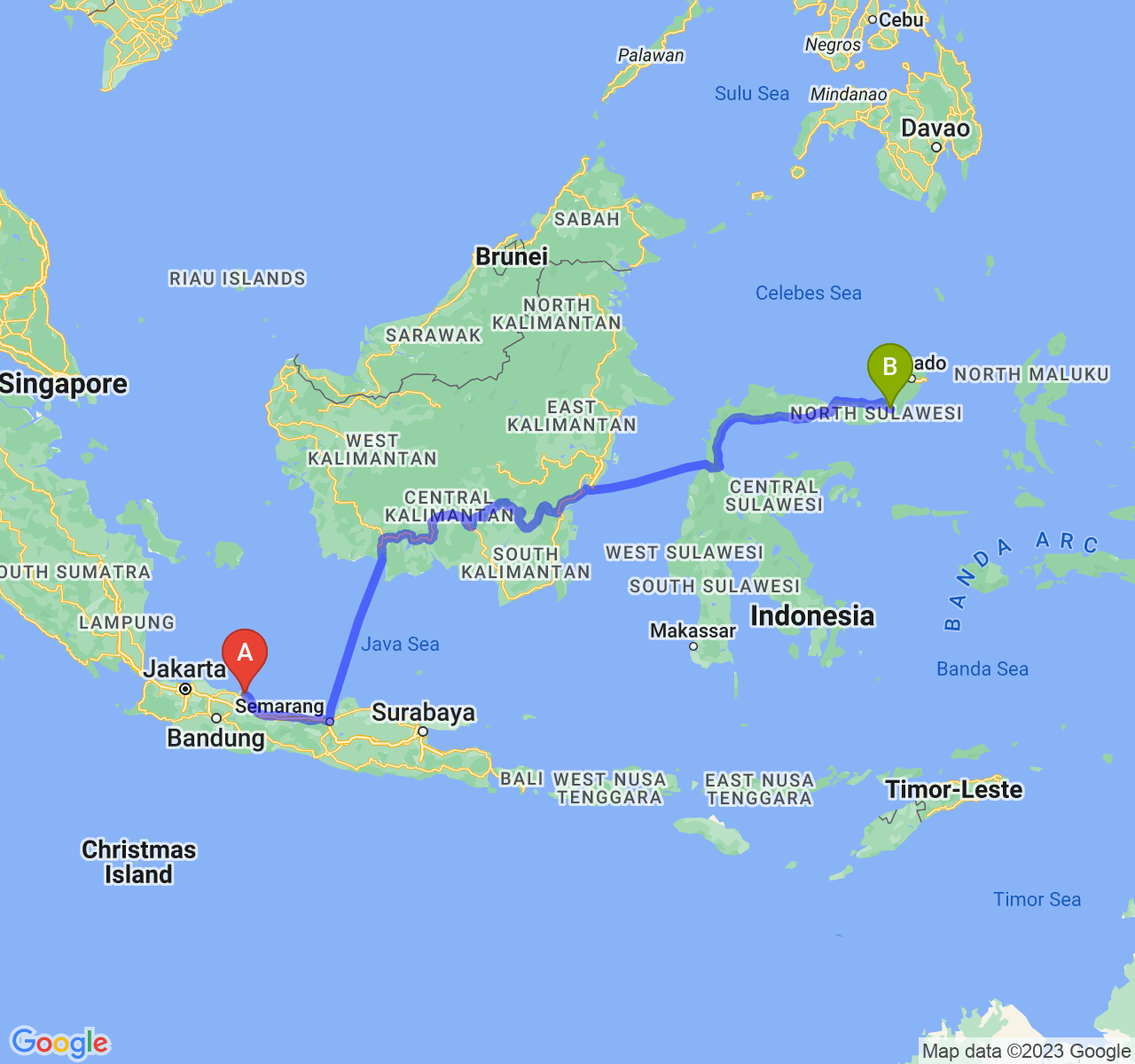 rute perjalanan Kab. Indramayu-Kota Kotamobagu