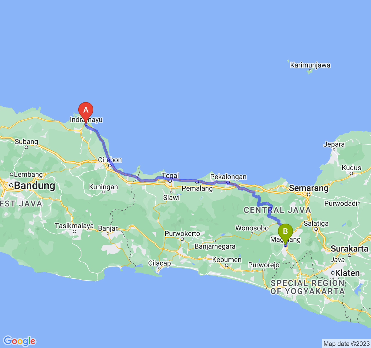 rute perjalanan Kab. Indramayu-Kota Magelang