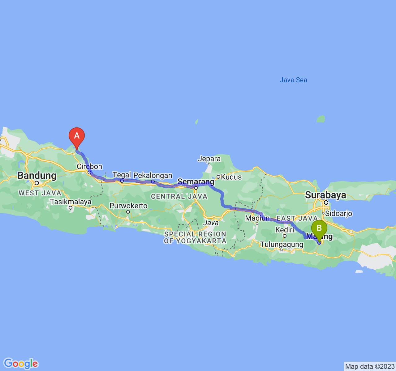 rute perjalanan Kab. Indramayu-Kota Malang