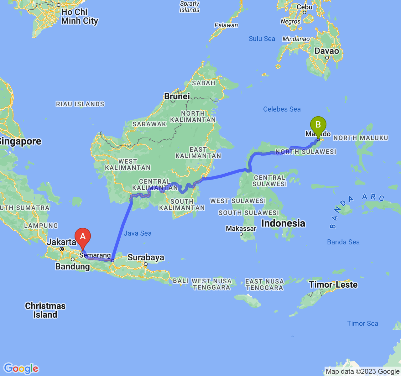 rute perjalanan Kab. Indramayu-Kota Manado