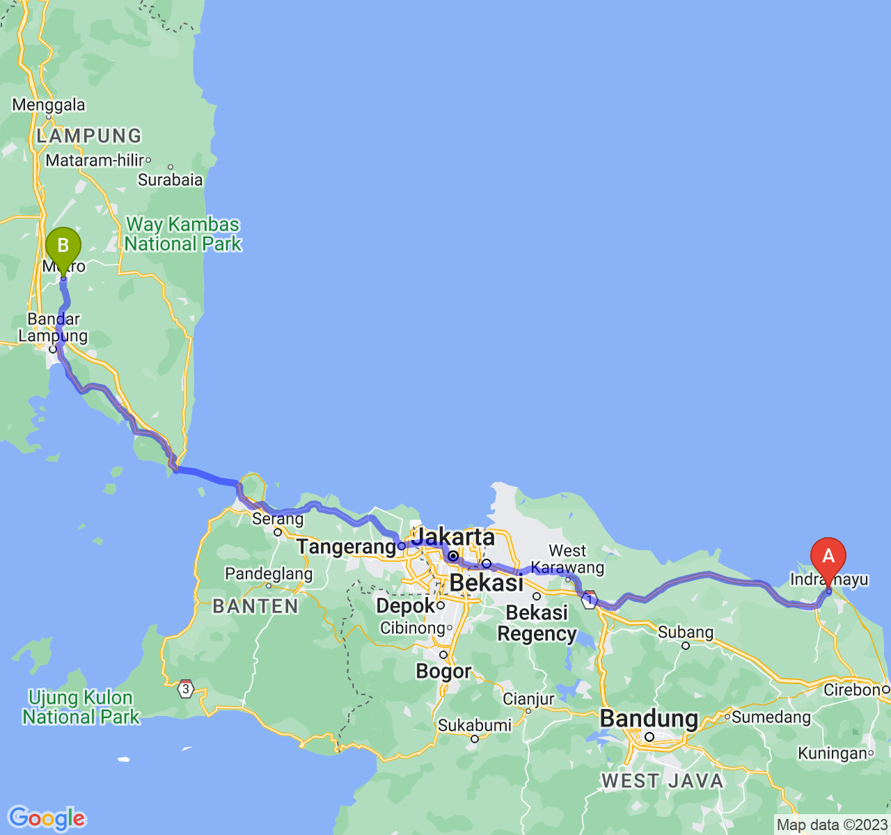 rute perjalanan Kab. Indramayu-Kota Metro