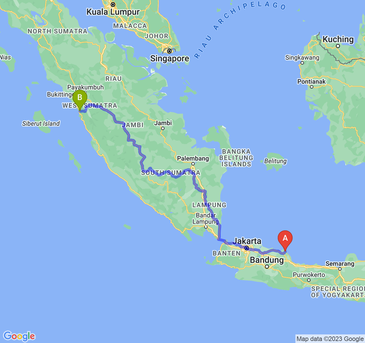 rute perjalanan Kab. Indramayu-Kota Padang