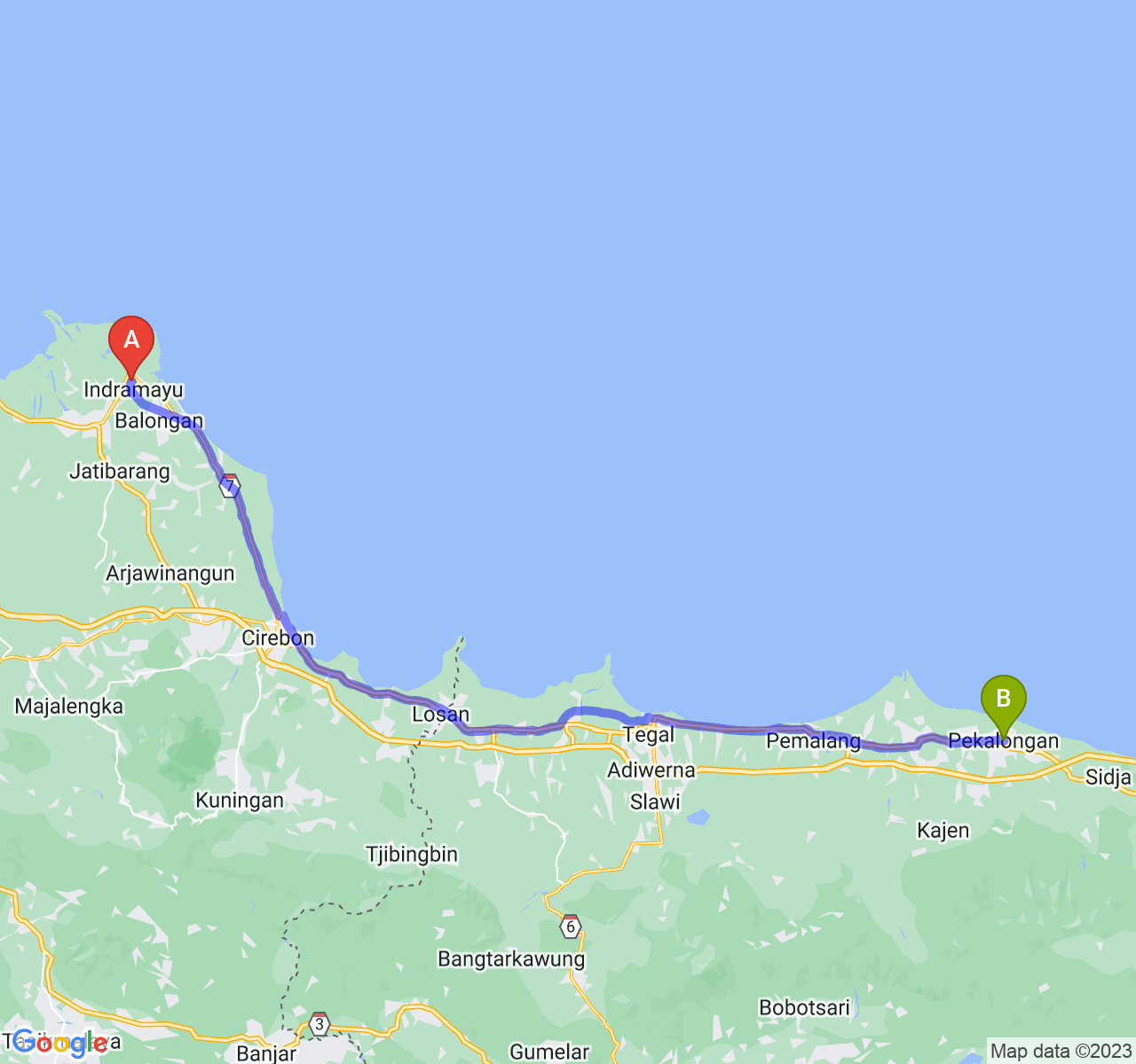 rute perjalanan Kab. Indramayu-Kota Pekalongan